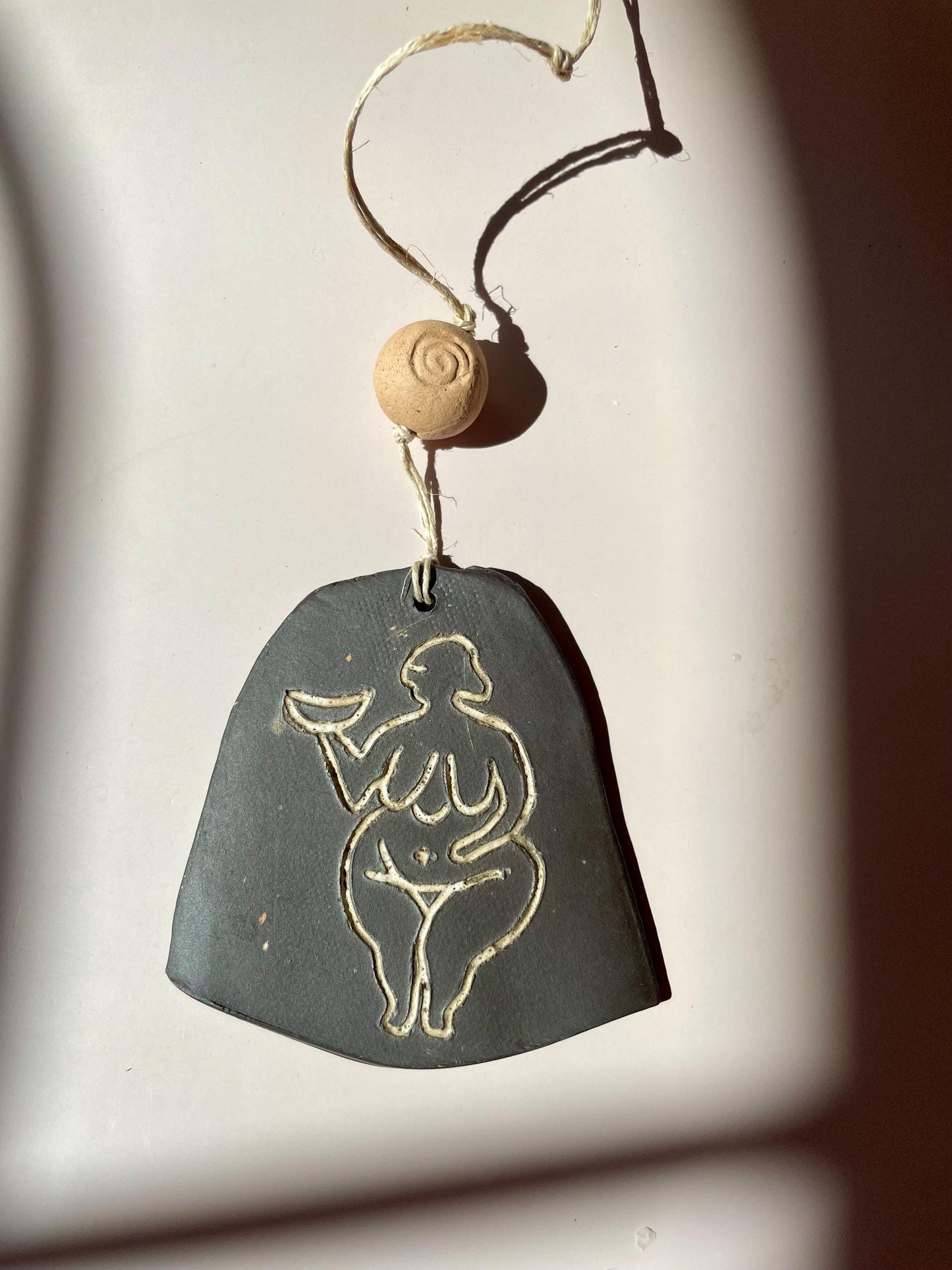Neolithic Moon Goddess Talisman – Crescent Moon Clay Amulet with Spiral Bead