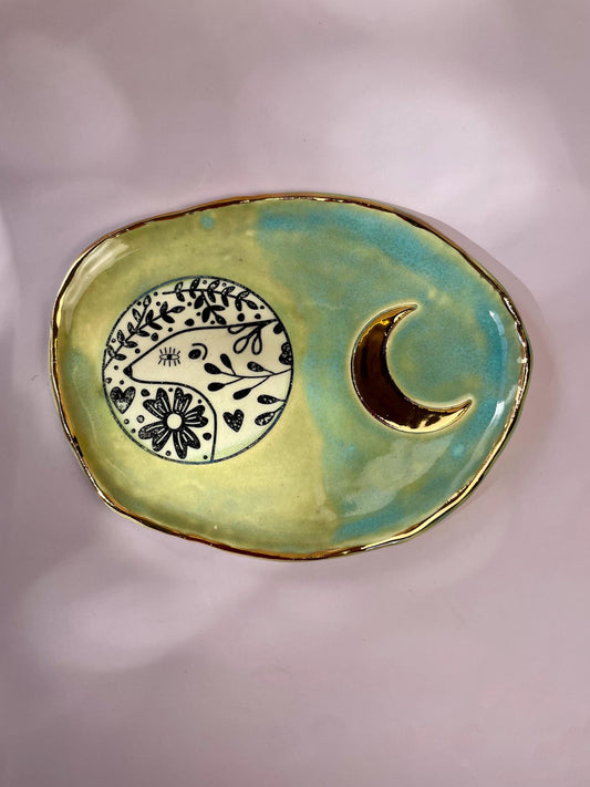 Handmade Ceramic Dish Bear and Crescent Moon Design with Gold Luster | Ritual Jewelry Dish or Decorative Art