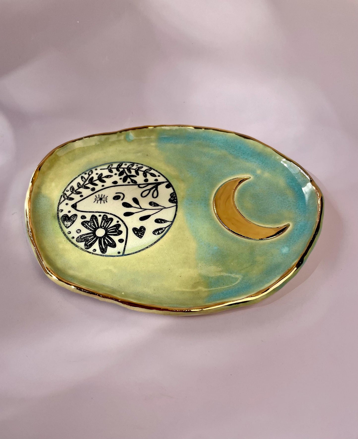 Handmade Ceramic Dish Bear and Crescent Moon Design with Gold Luster | Ritual Jewelry Dish or Decorative Art