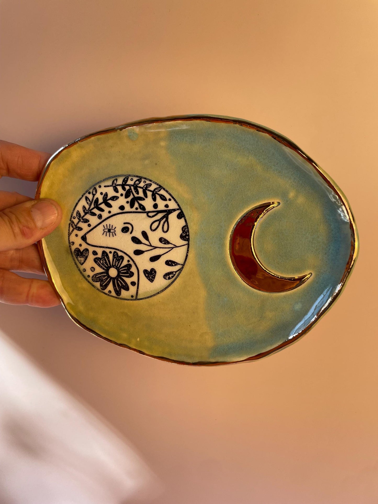 Handmade Ceramic Dish Bear and Crescent Moon Design with Gold Luster | Ritual Jewelry Dish or Decorative Art