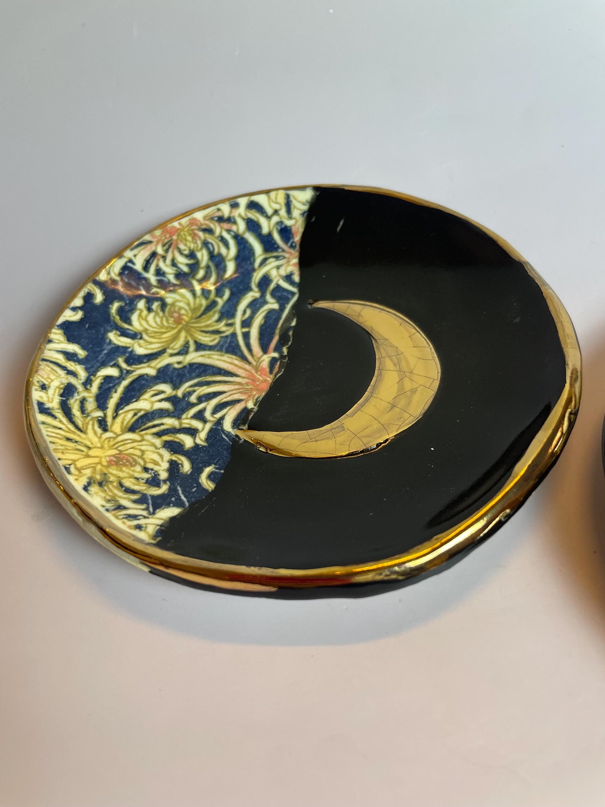 Moon and Flower Ceramic Trinket Dish – Black Gloss Glaze with Gold Luster Crescent – Ritual and Decorative Art