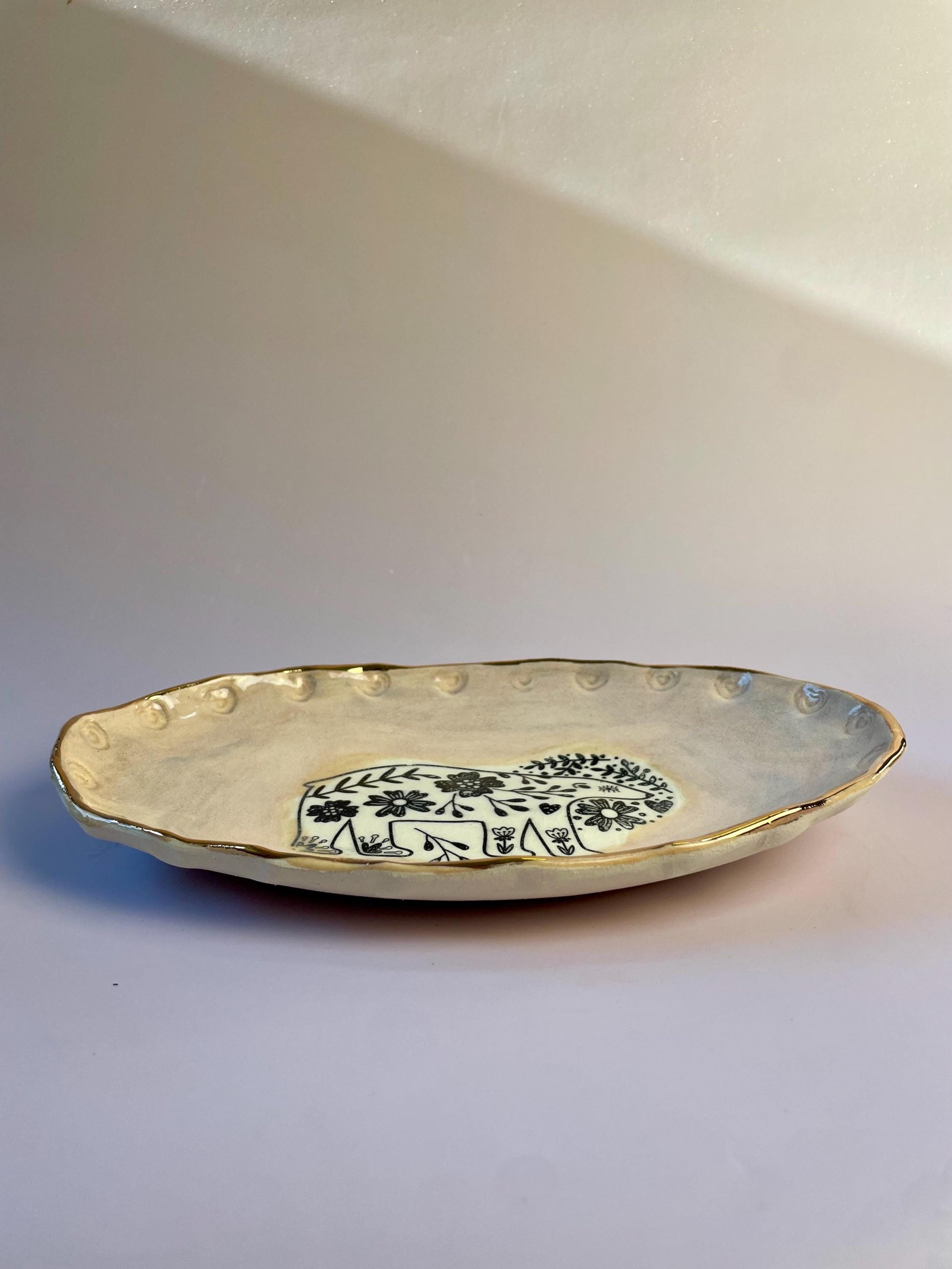 Handmade Ceramic Bear Dish – Oval Blush Pink Plate with Gold Rim – Decorative or Food-Safe Serving Dish