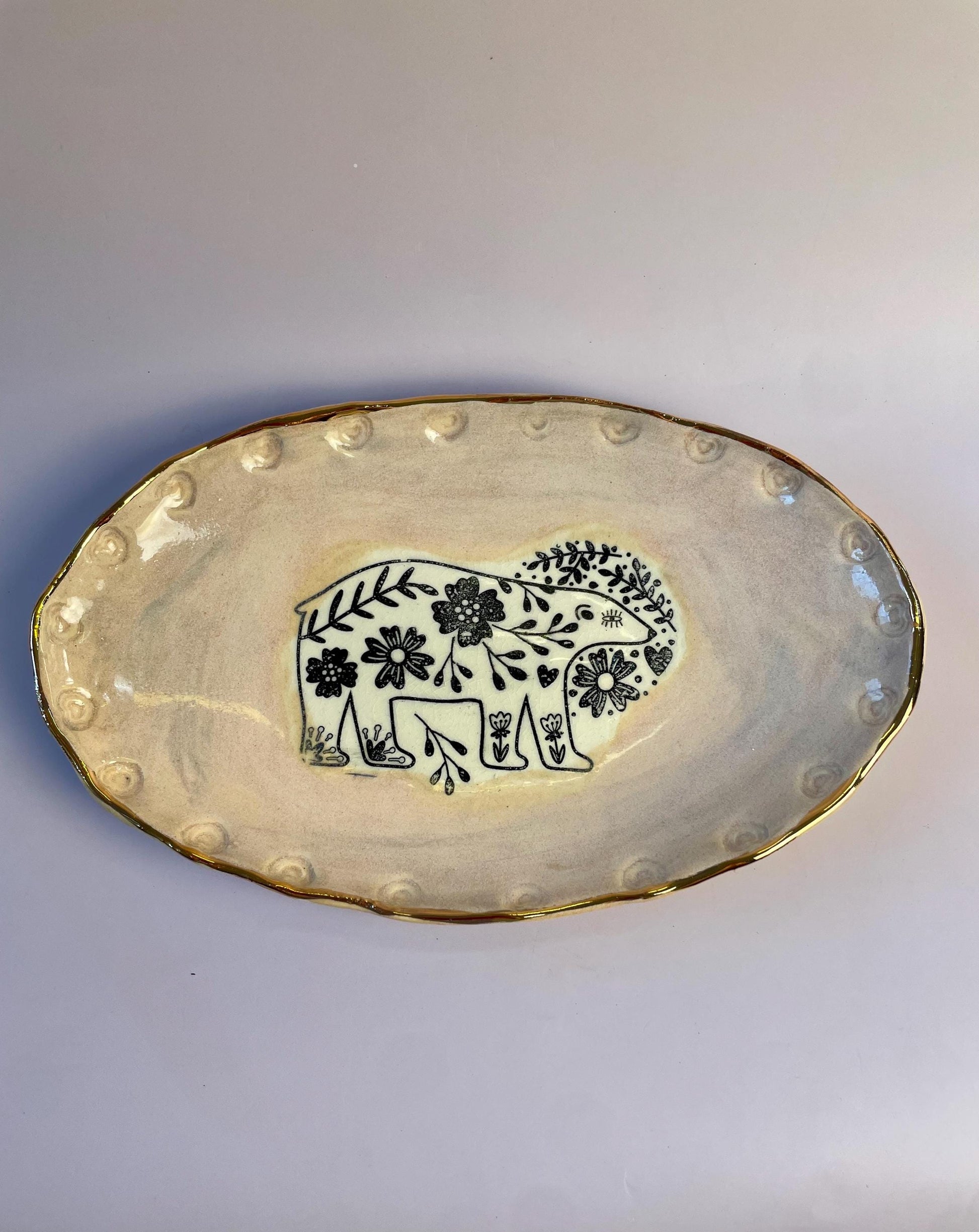 Handmade Ceramic Bear Dish – Oval Blush Pink Plate with Gold Rim – Decorative or Food-Safe Serving Dish