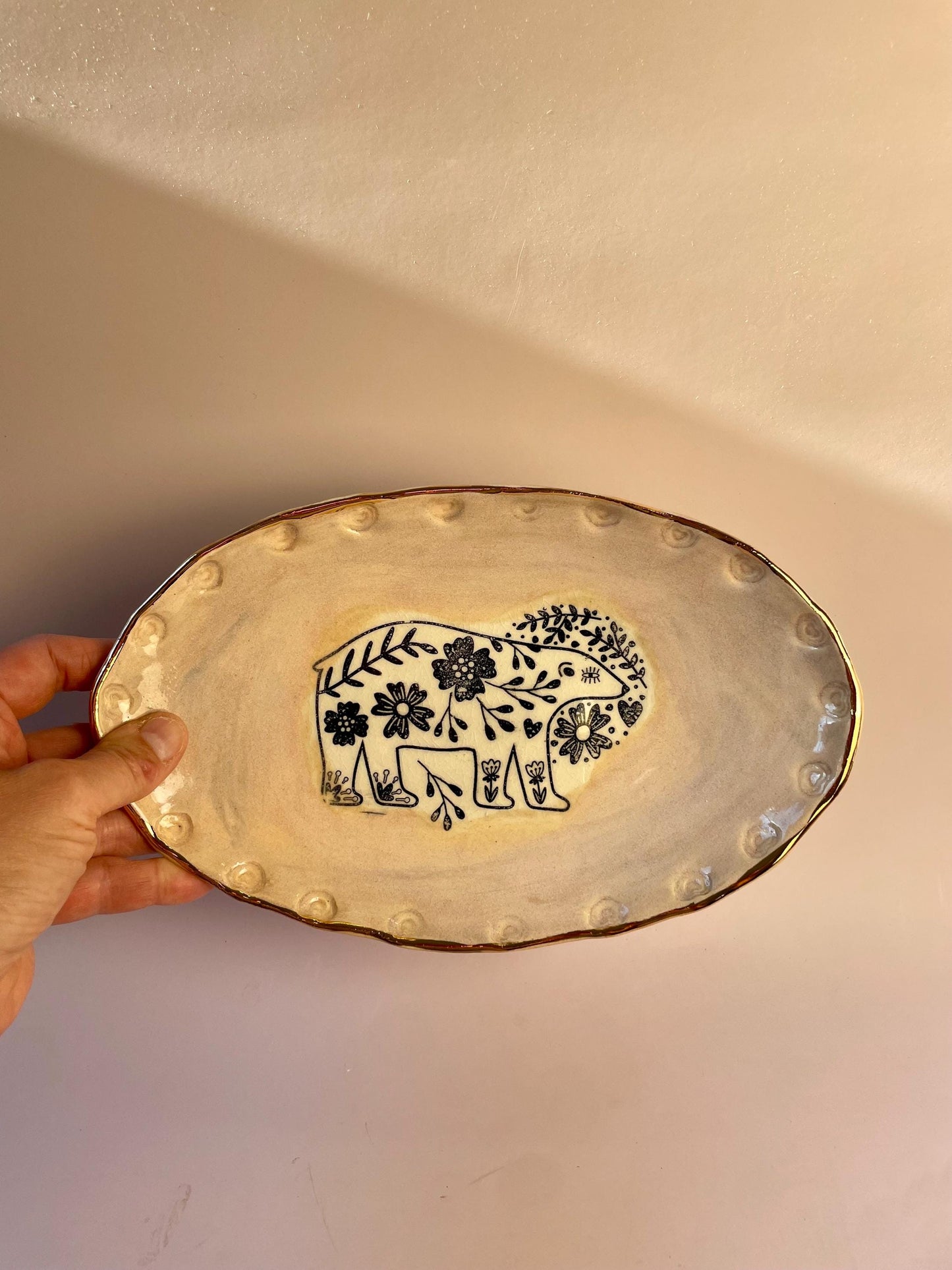 Handmade Ceramic Bear Dish – Oval Blush Pink Plate with Gold Rim – Decorative or Food-Safe Serving Dish