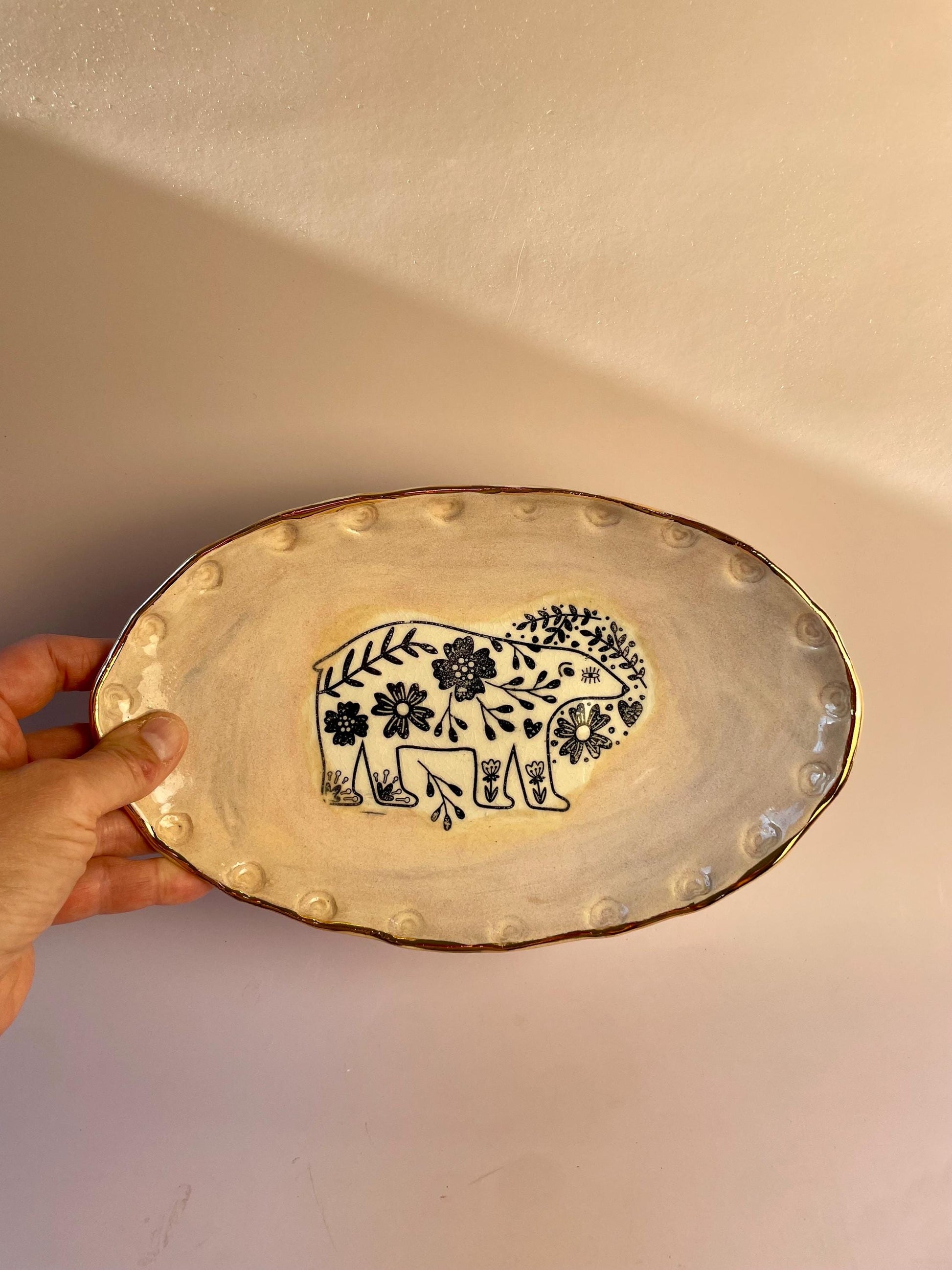 Handmade Ceramic Bear Dish – Oval Blush Pink Plate with Gold Rim – Decorative or Food-Safe Serving Dish