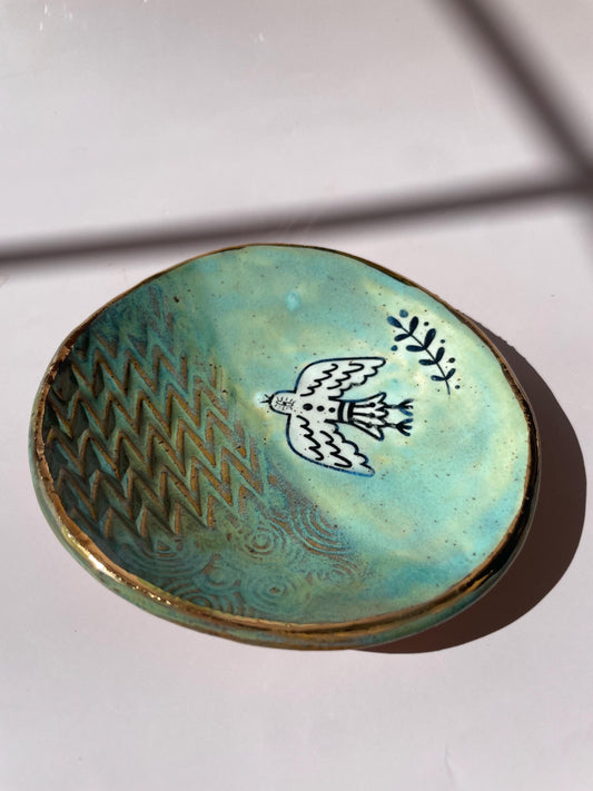 Handmade Ceramic Trinket Dish – Bird and Wave Design with Gold Luster – Decorative Art Bowl