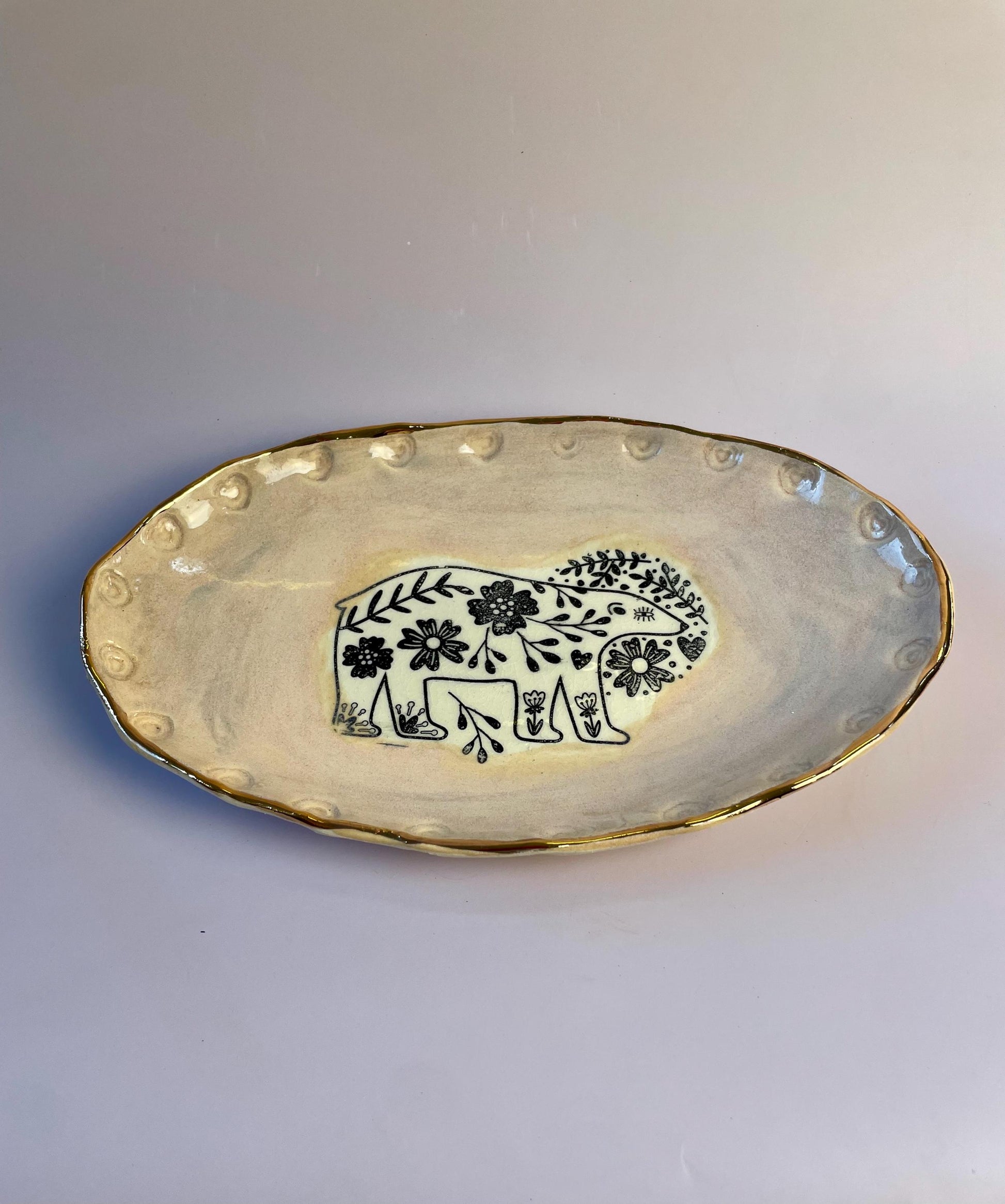 Handmade Ceramic Bear Dish – Oval Blush Pink Plate with Gold Rim – Decorative or Food-Safe Serving Dish