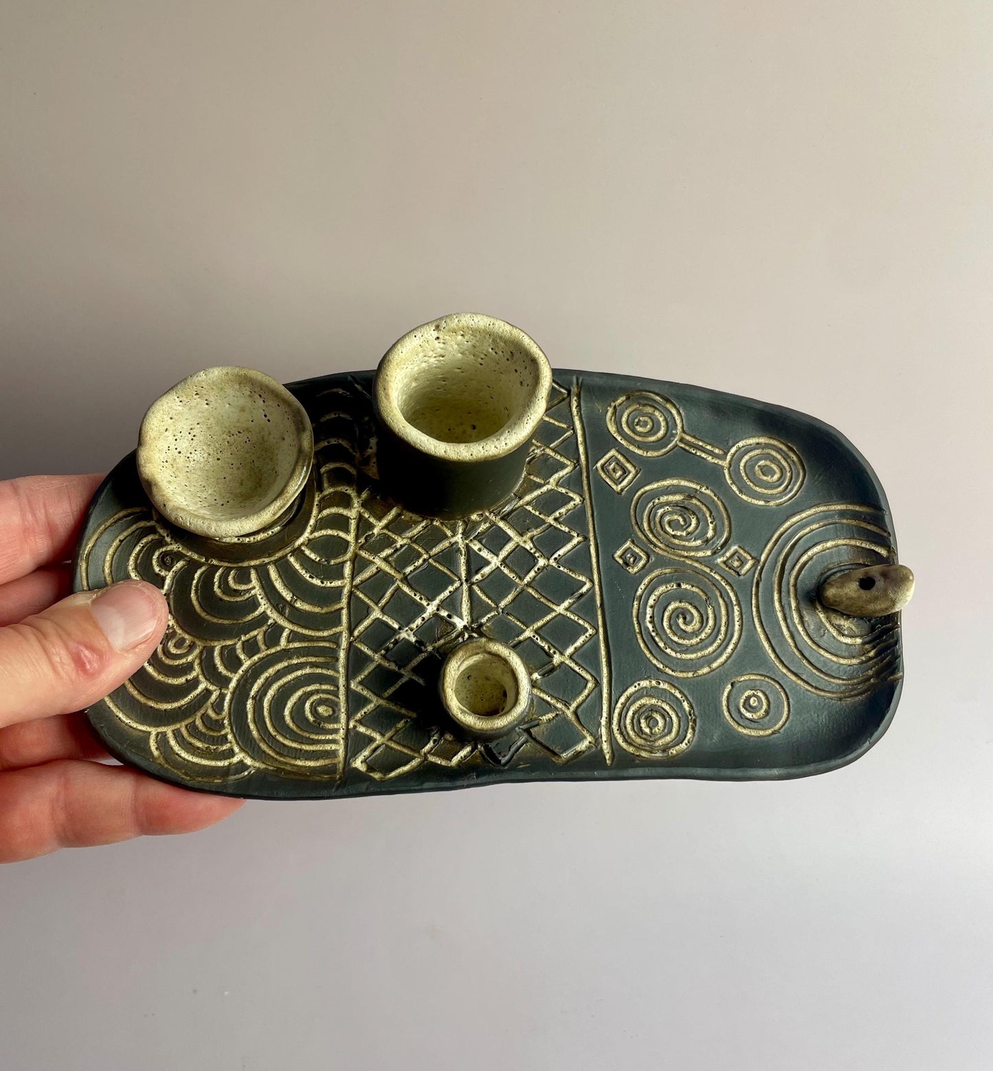 Four Elements Ritual Dish | Hand-Carved Ceramic Altar Set | Inspired by Neolithic Spirals and Goddess Culture | Gavrinis Newgrange Symbol