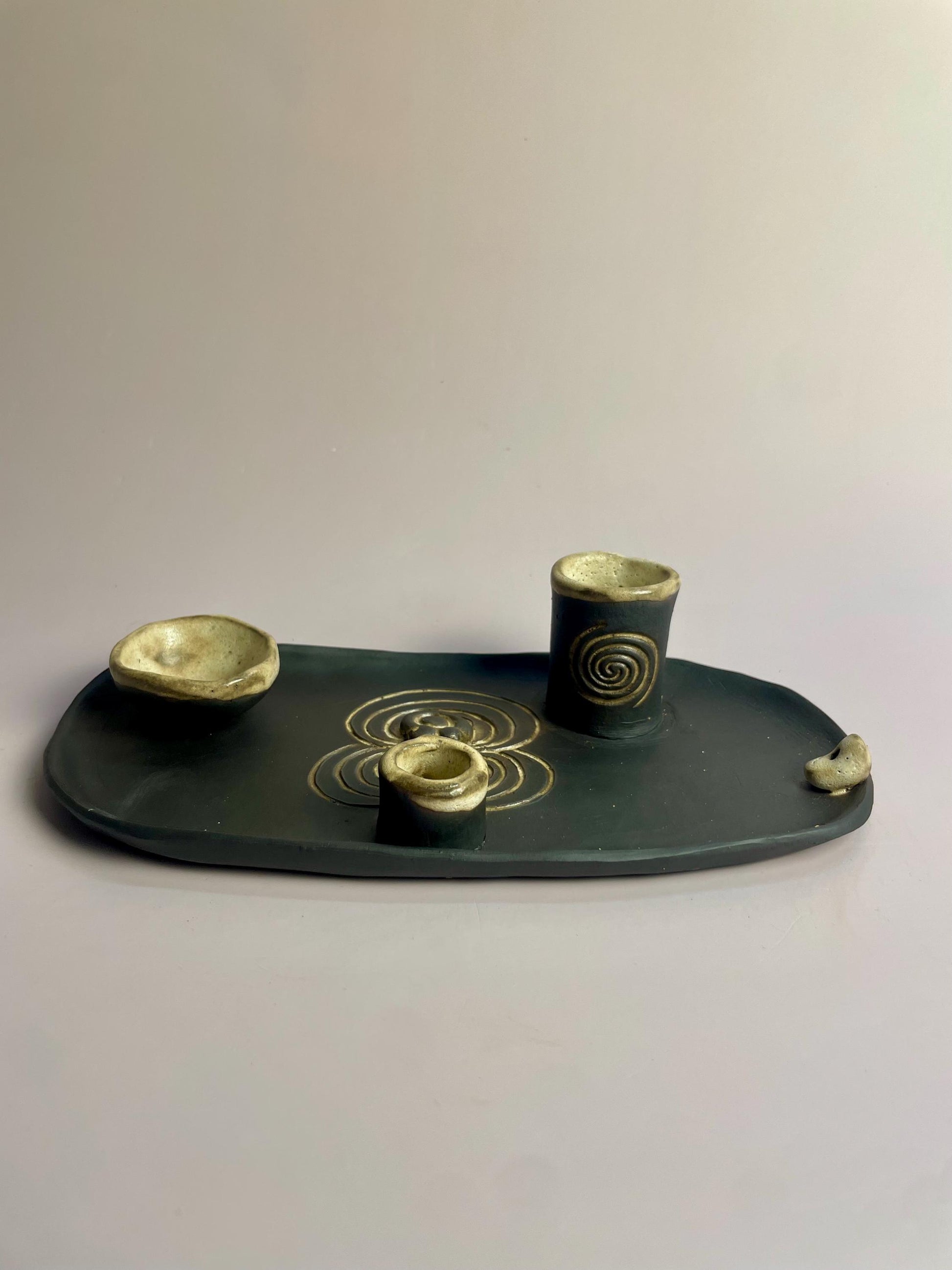 Four Elements Ritual Dish | Goddess & Spiral Imagery | Hand-Carved Ceramic Altar Piece | Dark Clay with Oatmeal Glaze