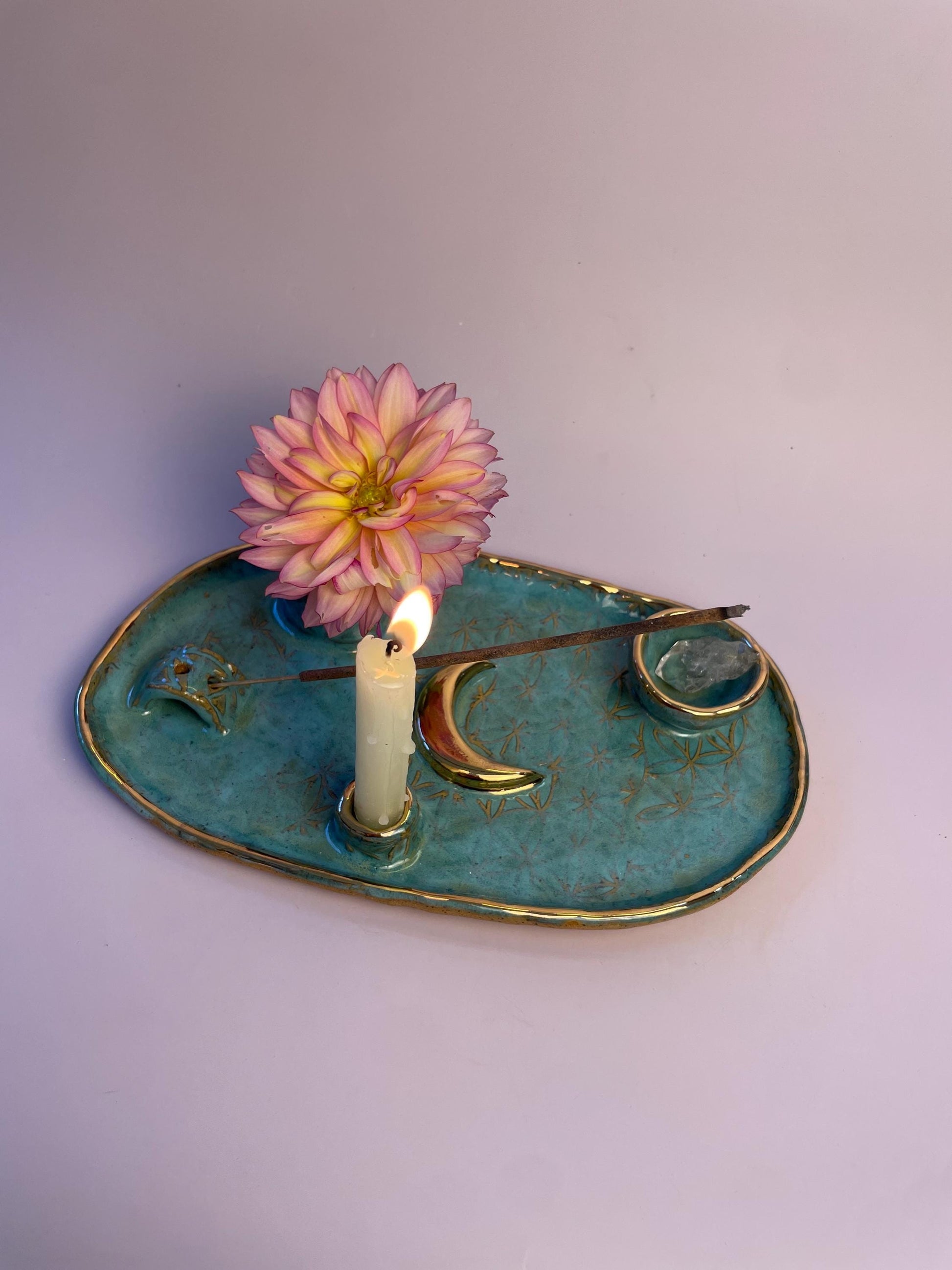 Four Element handmade ceramic Ritual Dish with Gold Crescent Moon