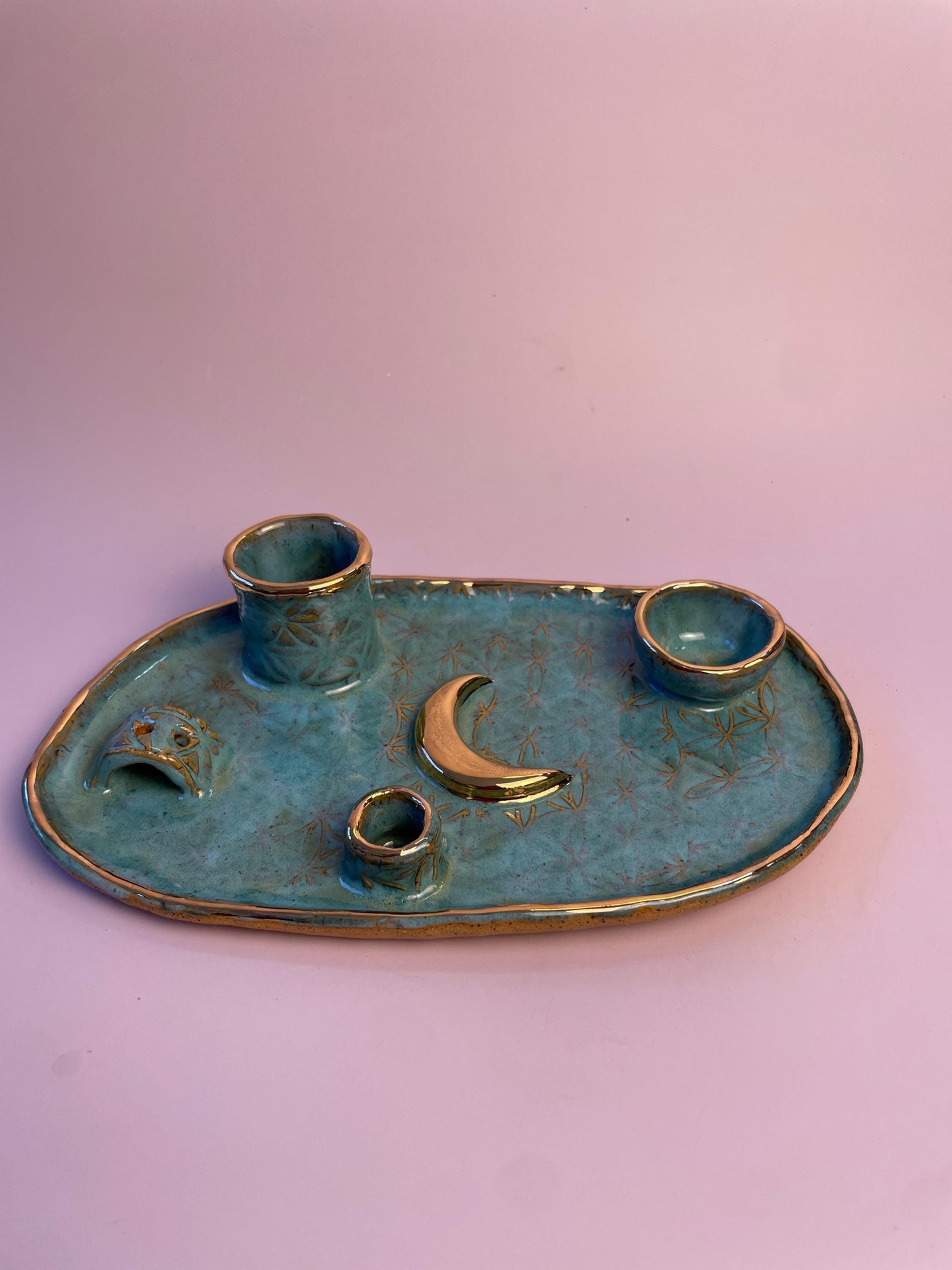 Four Element handmade ceramic Ritual Dish with Gold Crescent Moon