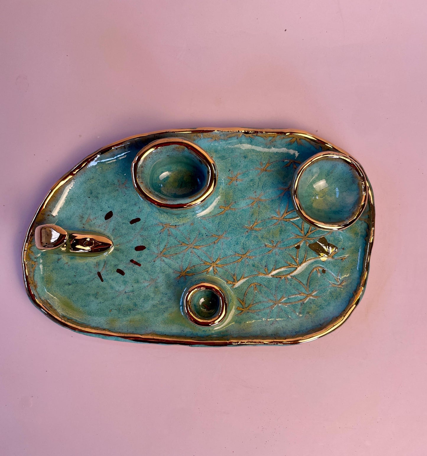 Turquoise Ritual Dish with Gold Moon – 4-Element Altar Tray for Candle, Incense, Palo Santo and Herbs