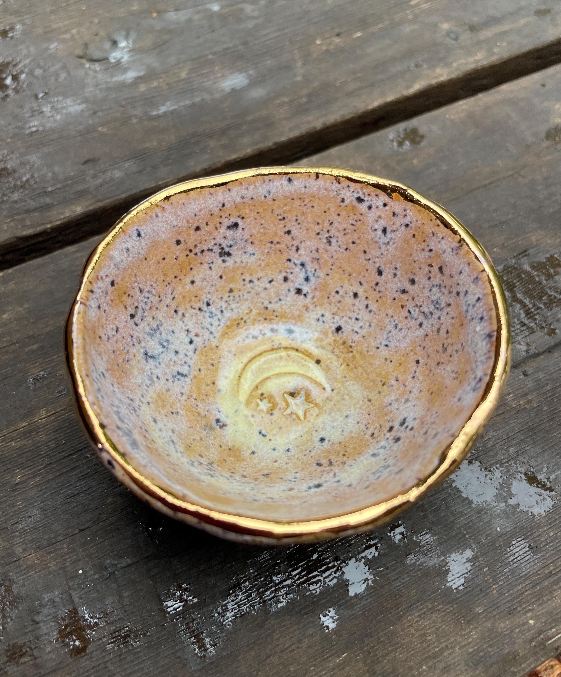 Handmade ceramic Moon and Stars Pinch Bowl with Gold Rim