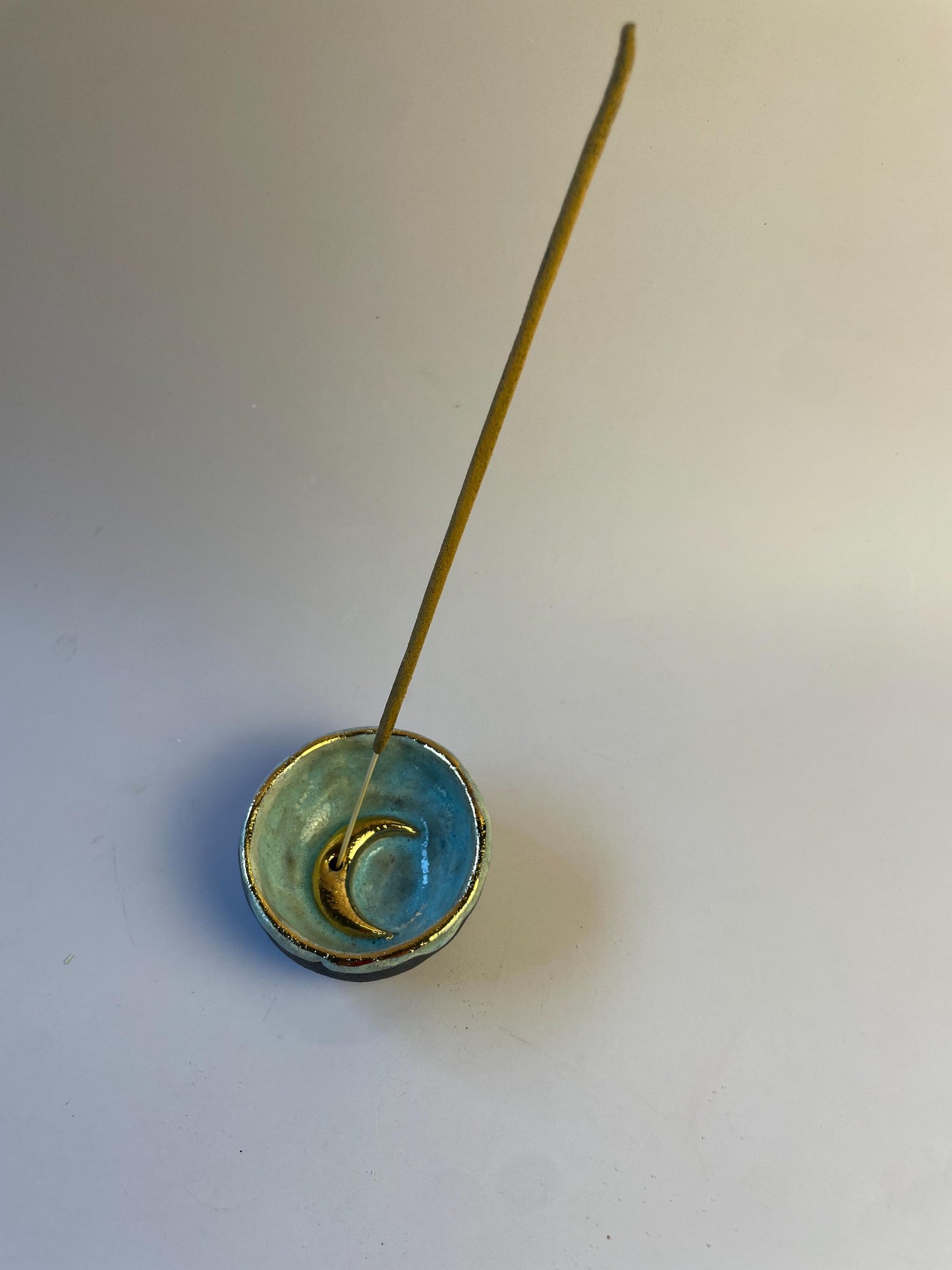 Handmade Aqua and Gold Crescent Moon Incense Holder | Ceramic Trinket Bowl for Jewelry and Sacred Objects