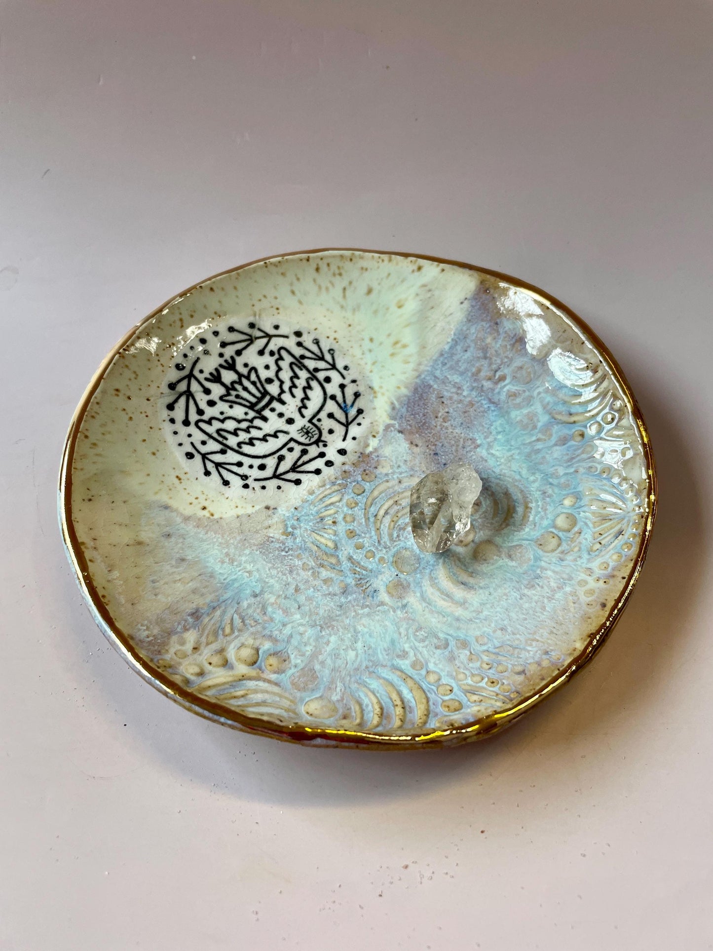 Handmade Ceramic Trinket Dish – Bird and Wave Design with Gold Luster – Decorative Art Bowl