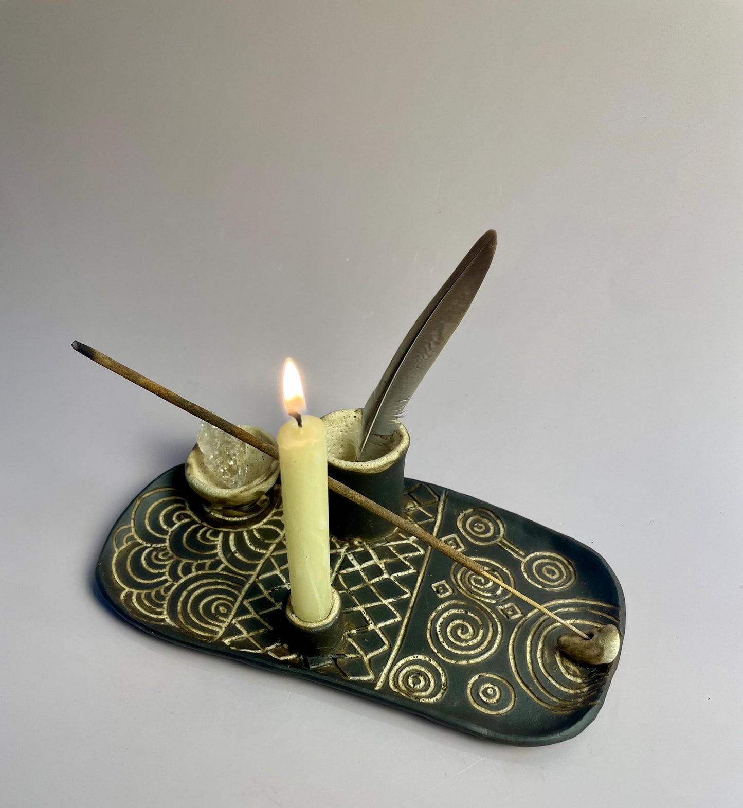 Four Elements Ritual Dish | Hand-Carved Ceramic Altar Set | Inspired by Neolithic Spirals and Goddess Culture | Gavrinis Newgrange Symbol