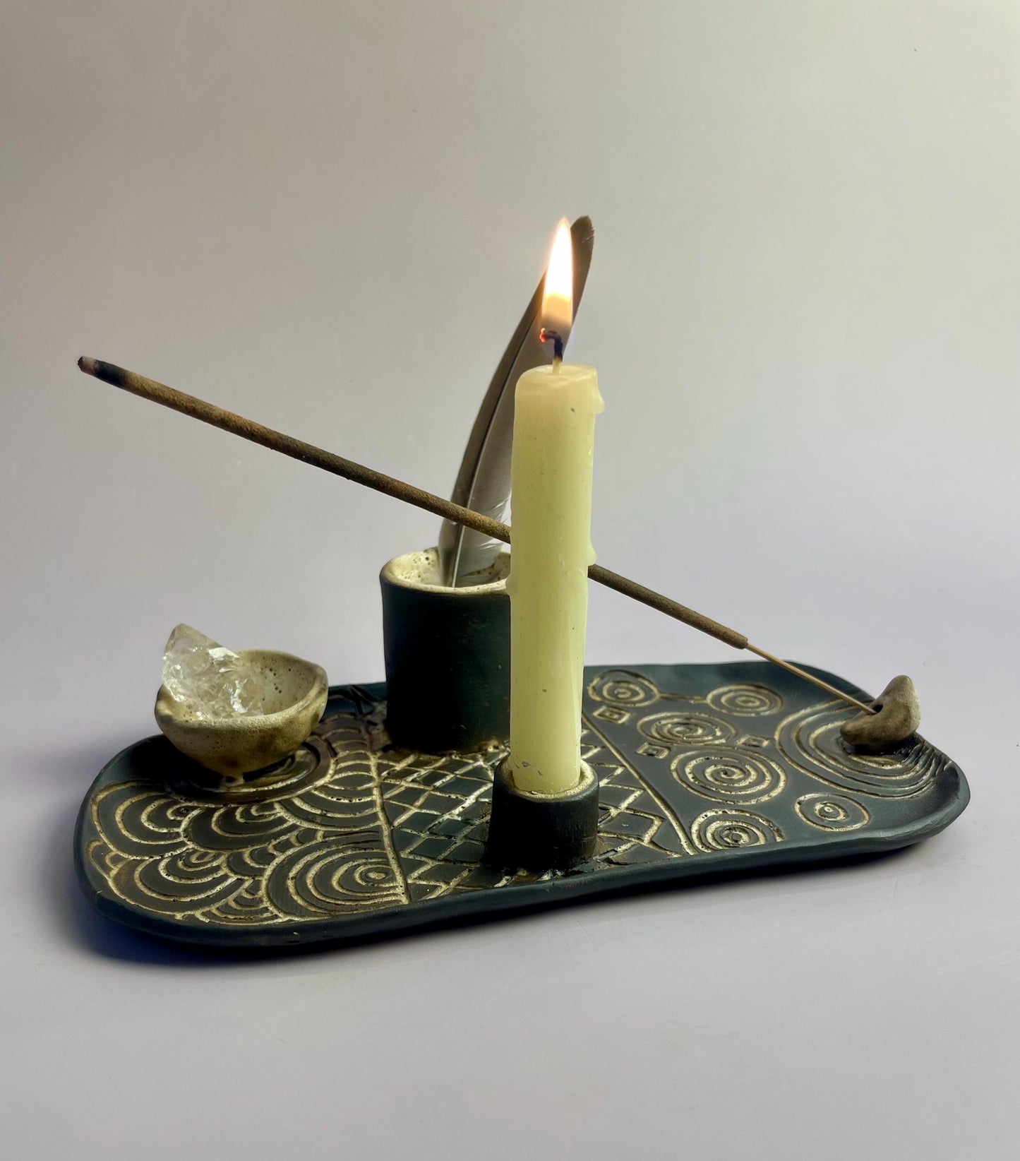 Four Elements Ritual Dish | Hand-Carved Ceramic Altar Set | Inspired by Neolithic Spirals and Goddess Culture | Gavrinis Newgrange Symbol