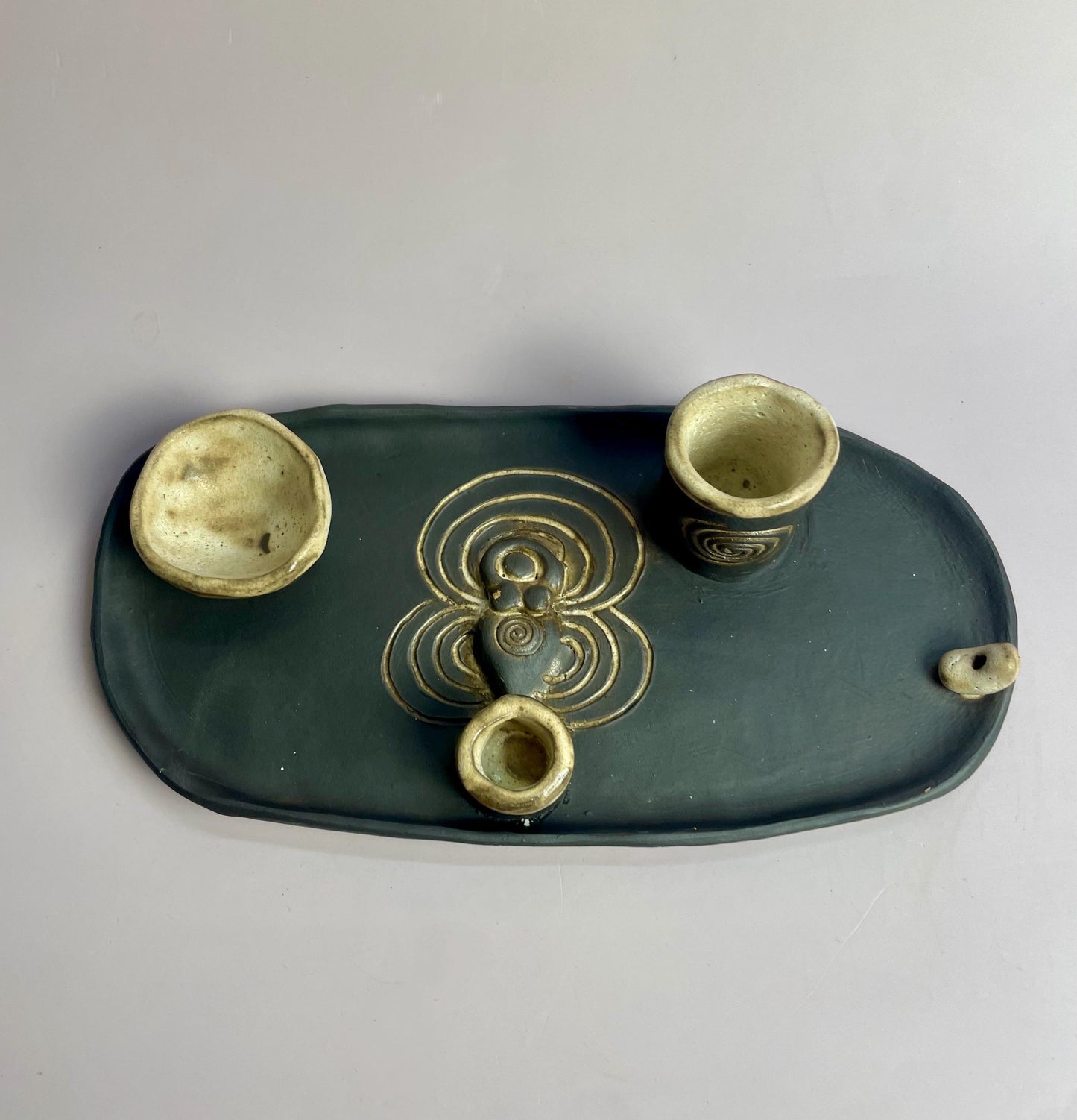Four Elements Ritual Dish | Goddess & Spiral Imagery | Hand-Carved Ceramic Altar Piece | Dark Clay with Oatmeal Glaze