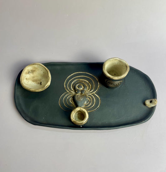 Four Elements Ritual Dish | Goddess & Spiral Imagery | Hand-Carved Ceramic Altar Piece | Dark Clay with Oatmeal Glaze