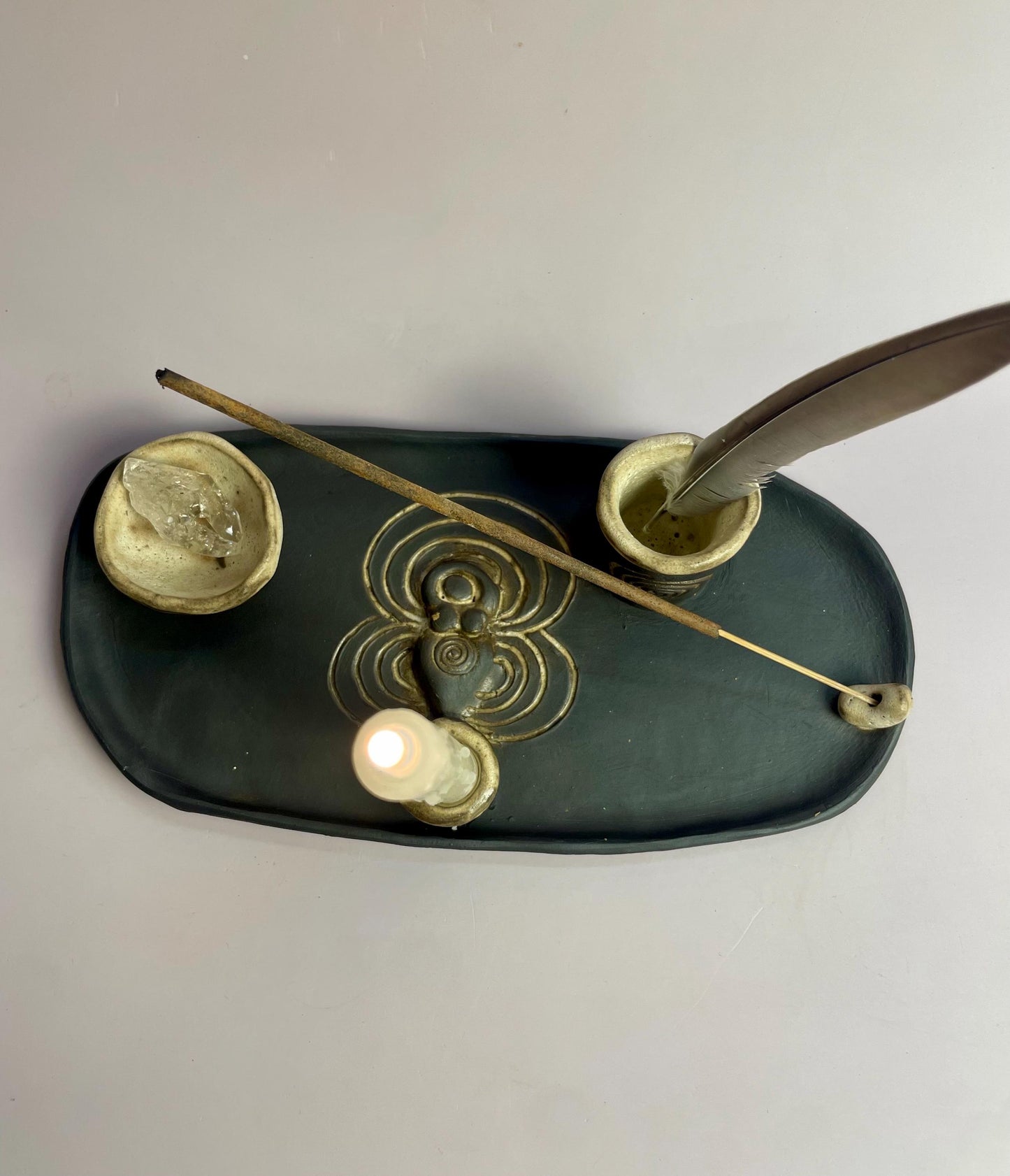 Four Elements Ritual Dish | Goddess & Spiral Imagery | Hand-Carved Ceramic Altar Piece | Dark Clay with Oatmeal Glaze