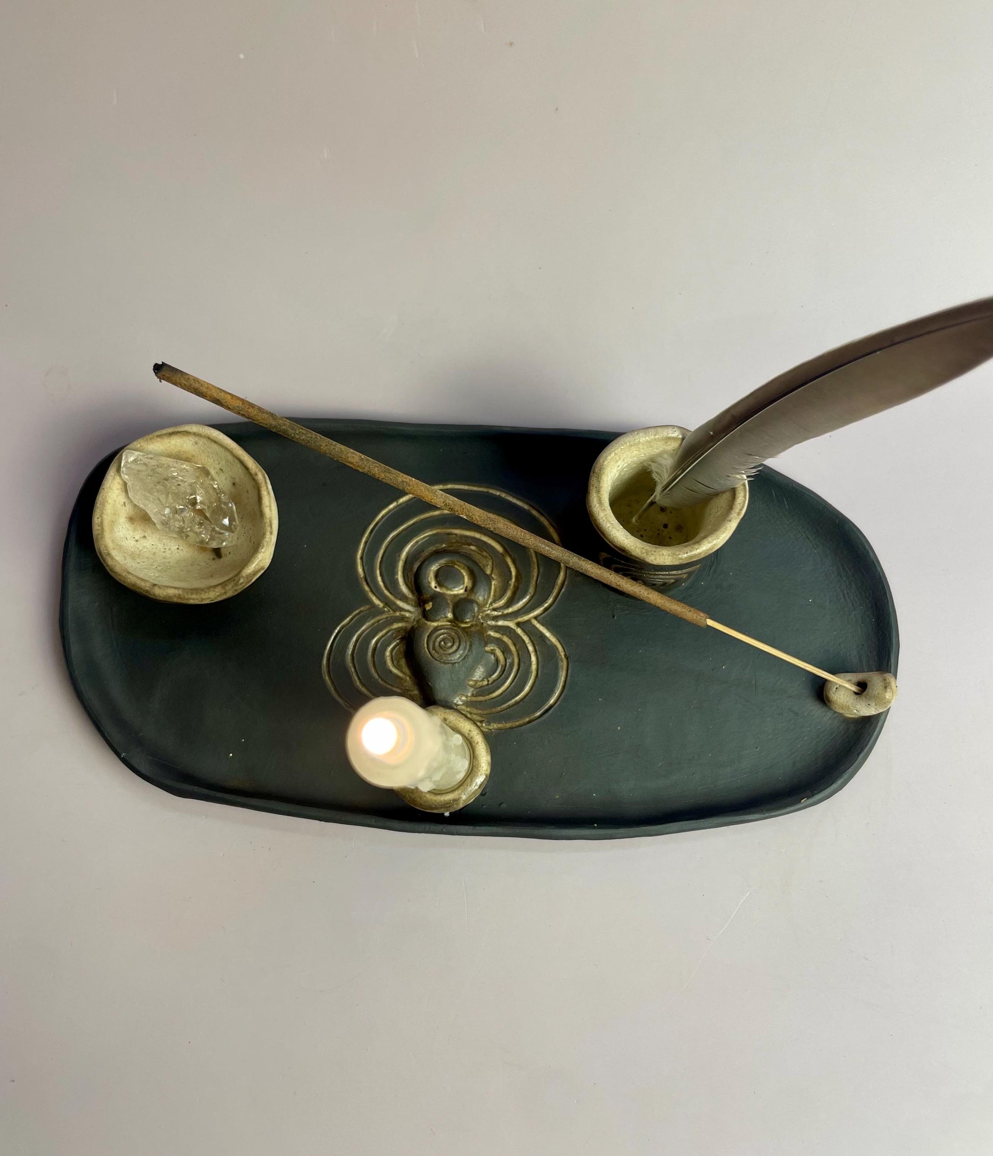 Four Elements Ritual Dish | Goddess & Spiral Imagery | Hand-Carved Ceramic Altar Piece | Dark Clay with Oatmeal Glaze