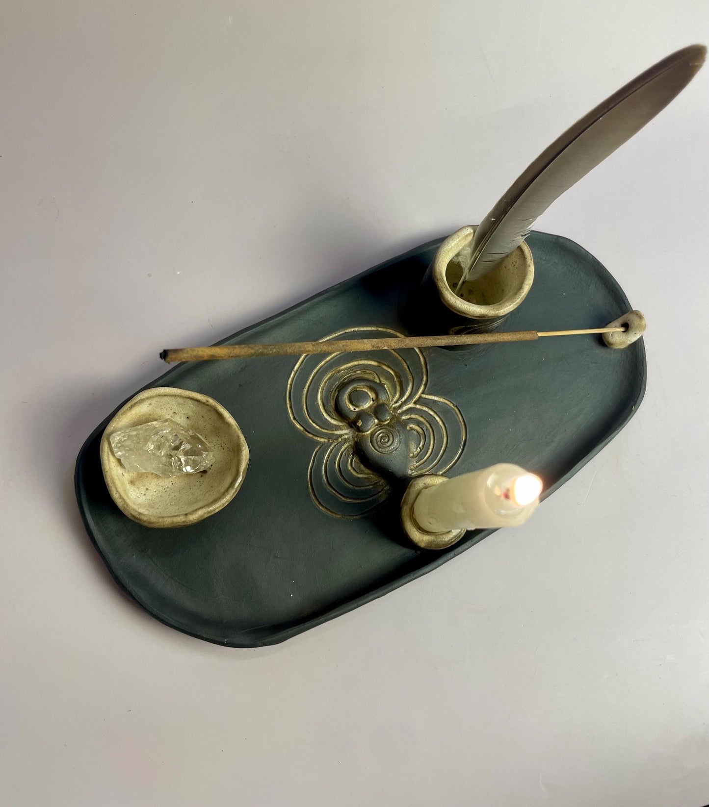 Four Elements Ritual Dish | Goddess & Spiral Imagery | Hand-Carved Ceramic Altar Piece | Dark Clay with Oatmeal Glaze