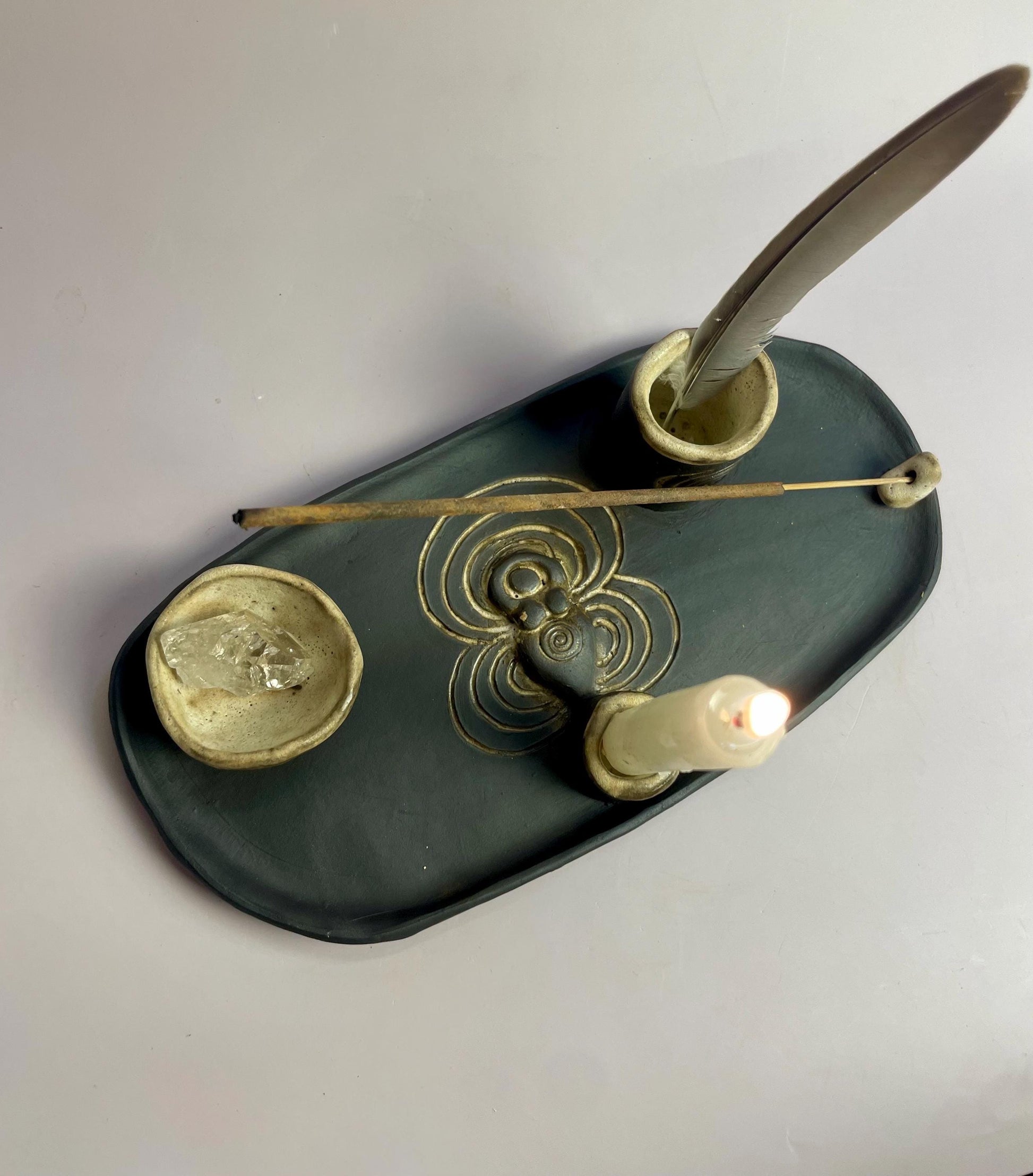 Four Elements Ritual Dish | Goddess & Spiral Imagery | Hand-Carved Ceramic Altar Piece | Dark Clay with Oatmeal Glaze