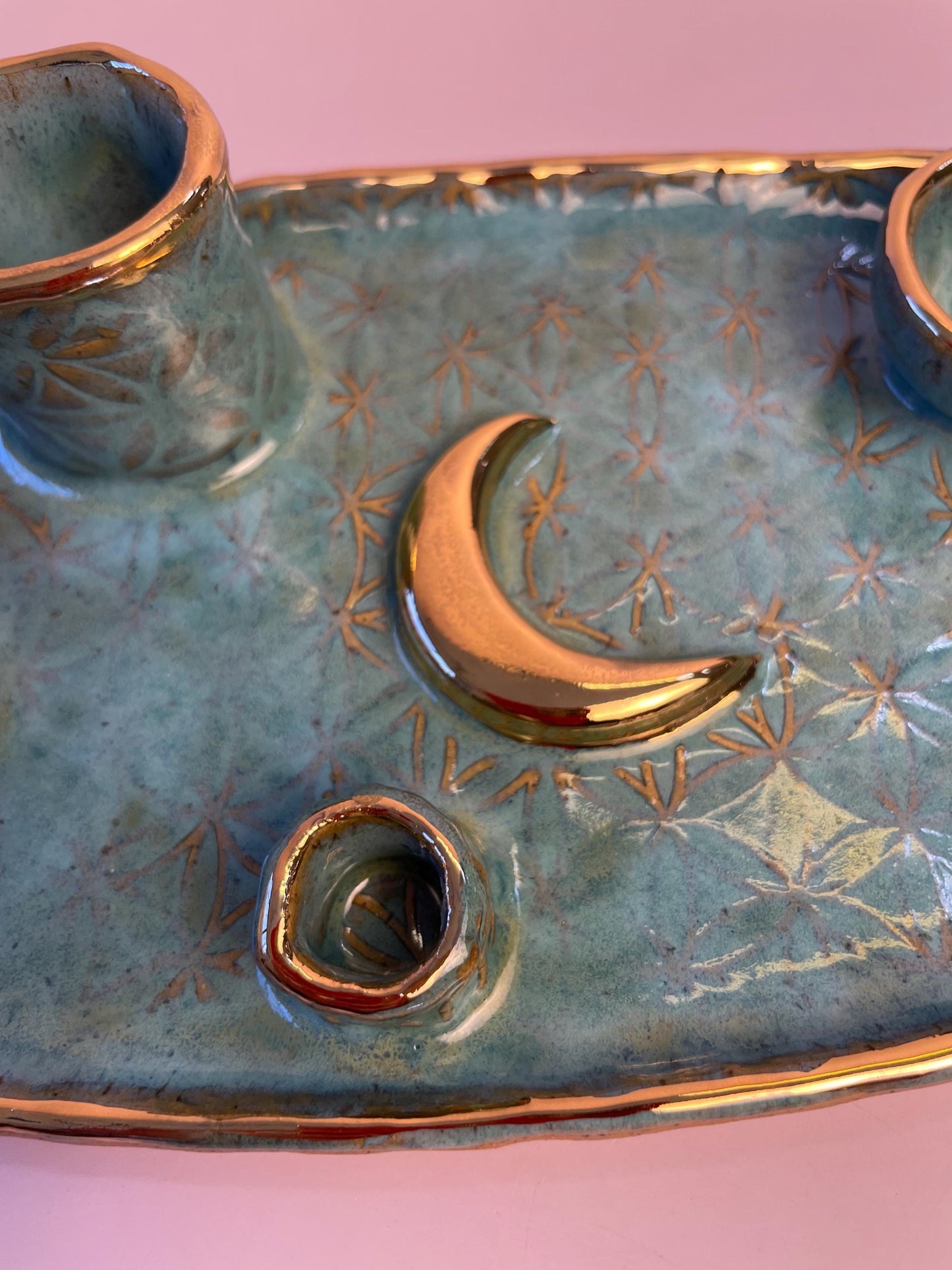 Four Element handmade ceramic Ritual Dish with Gold Crescent Moon