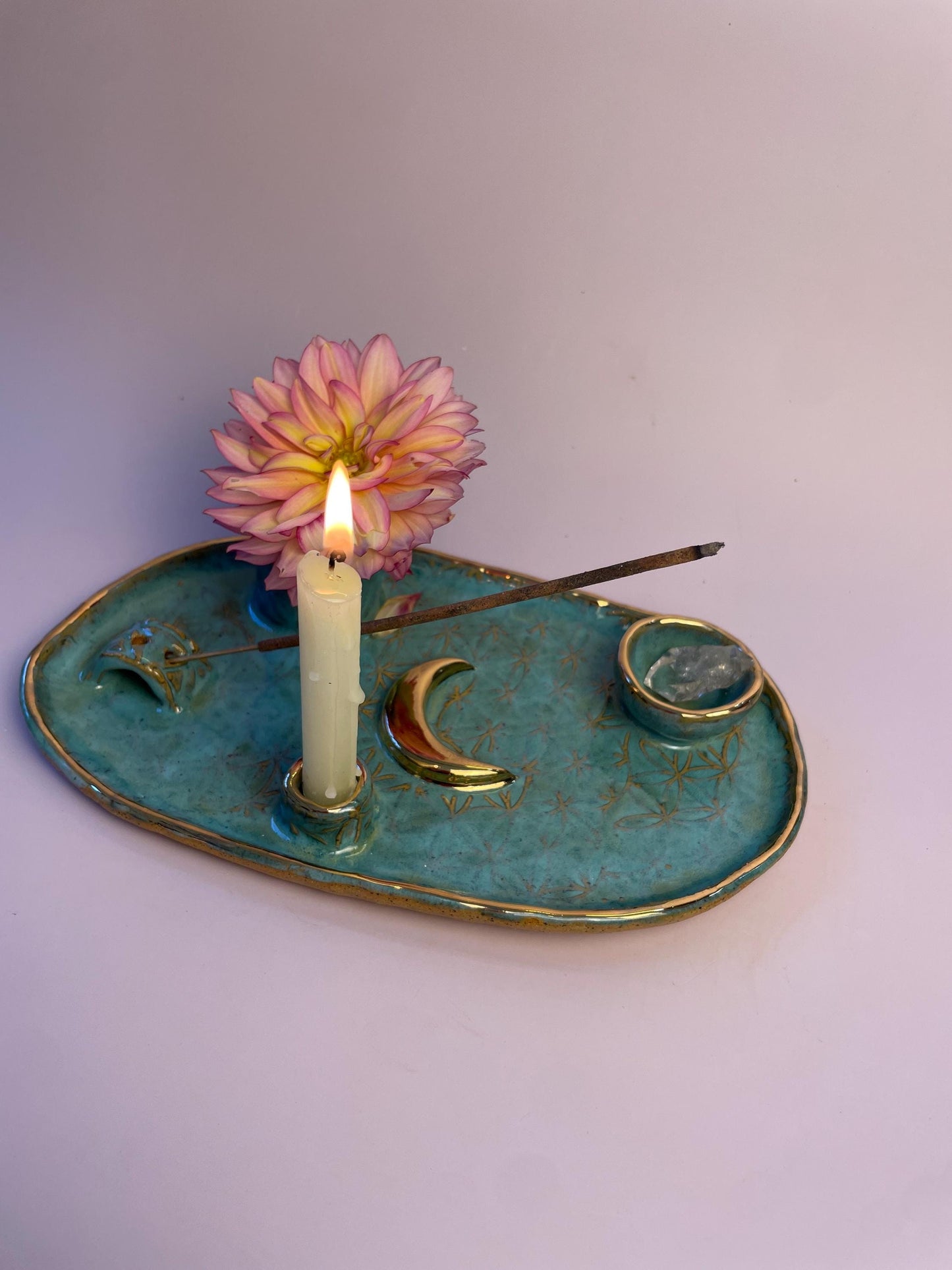 Four Element handmade ceramic Ritual Dish with Gold Crescent Moon