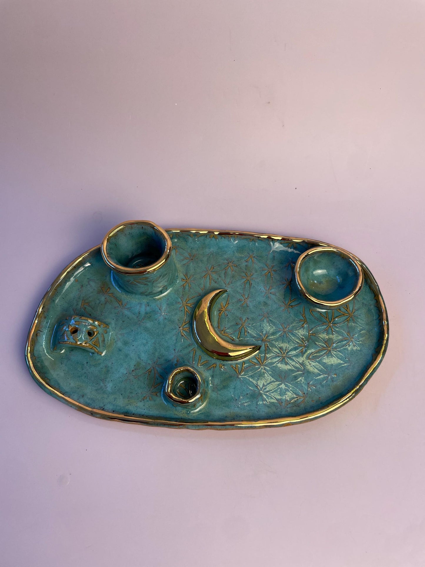 Four Element handmade ceramic Ritual Dish with Gold Crescent Moon