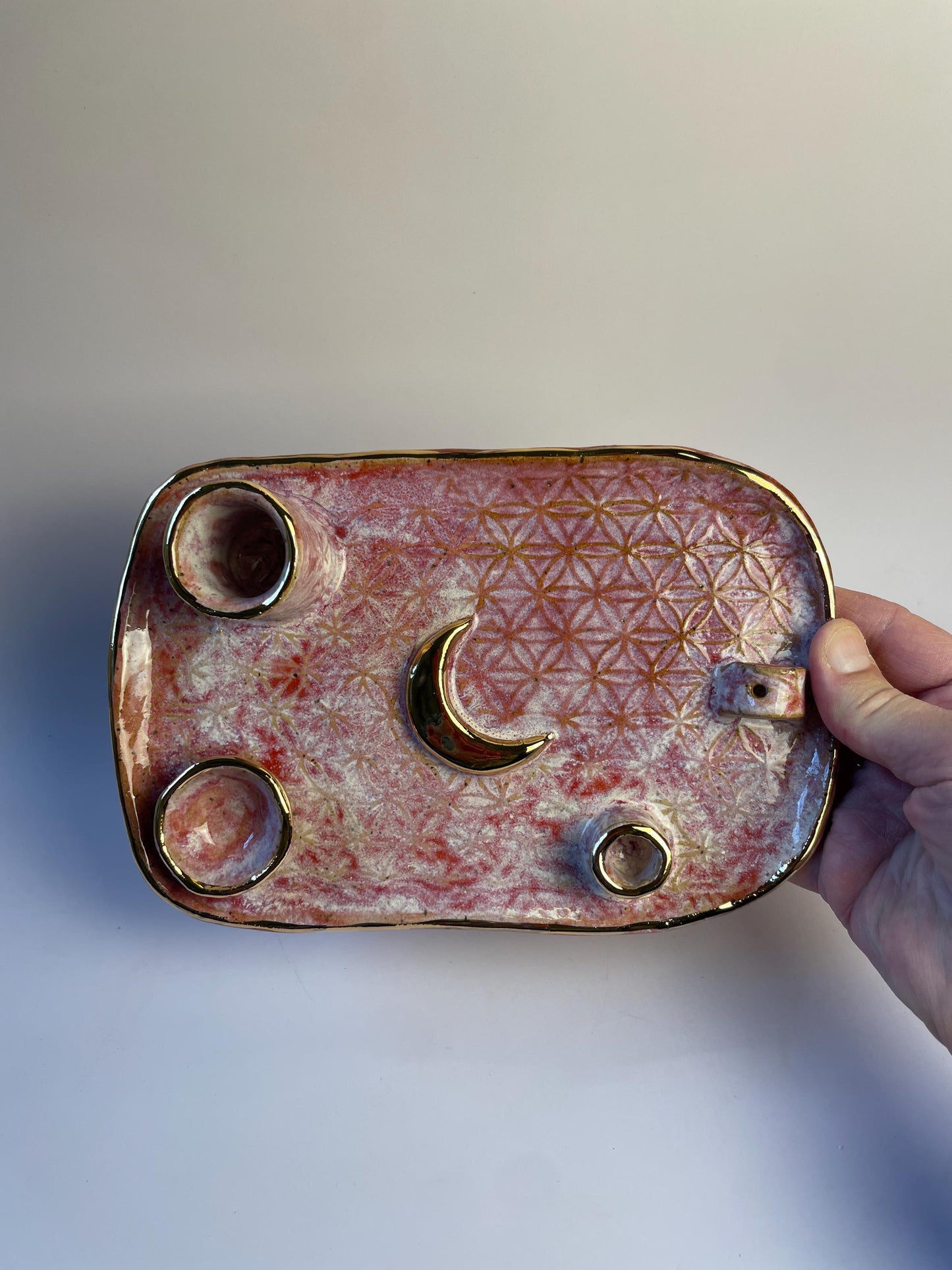 Pink Flower of Life Ceramic Ritual Dish – Gold Crescent Moon, Four-Element Altar for Candle, Incense, and Offerings