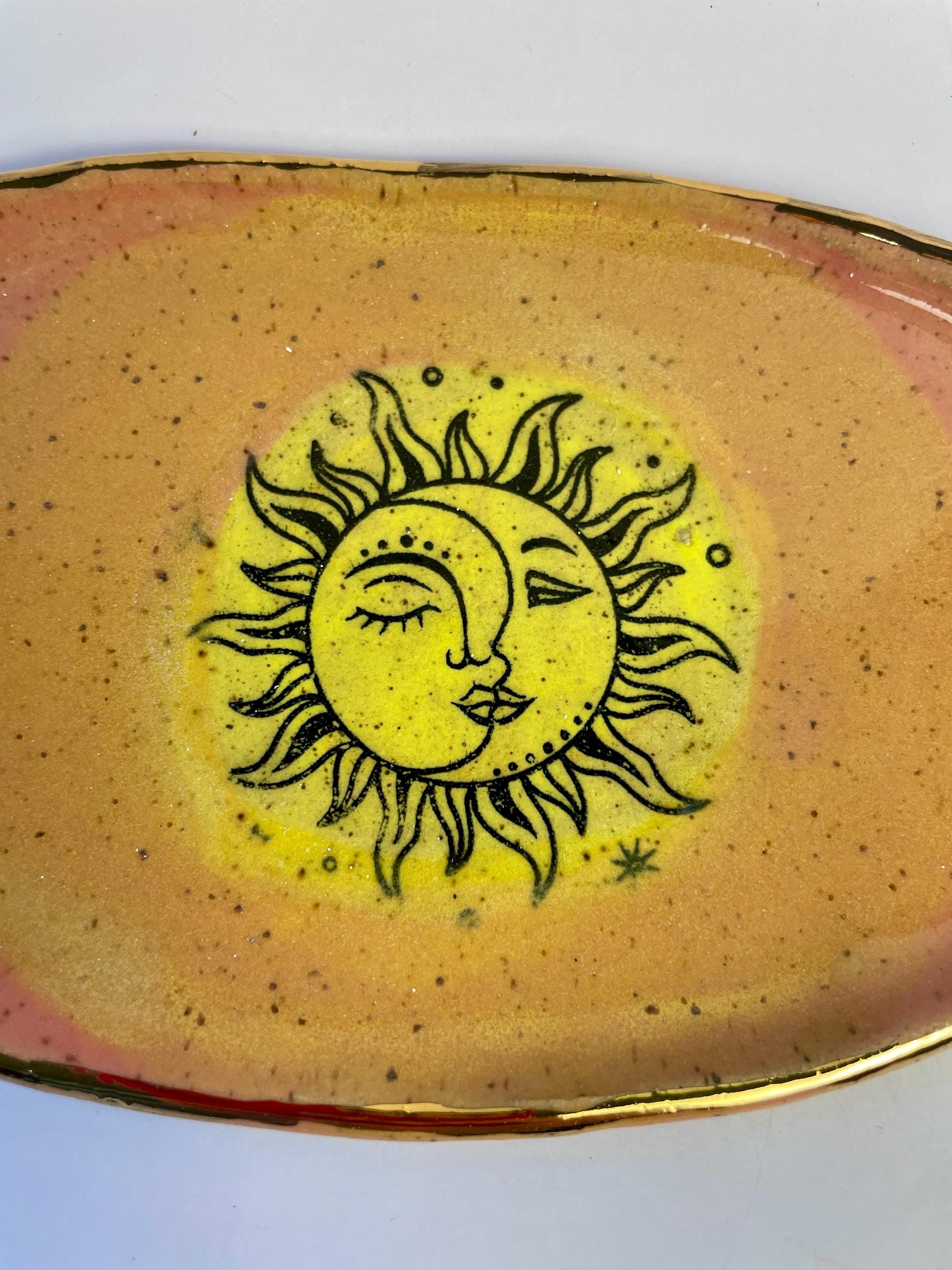 Sun Moon Trinket Dish – Coral, Orange and Yellow Glaze with Gold Luster Rim