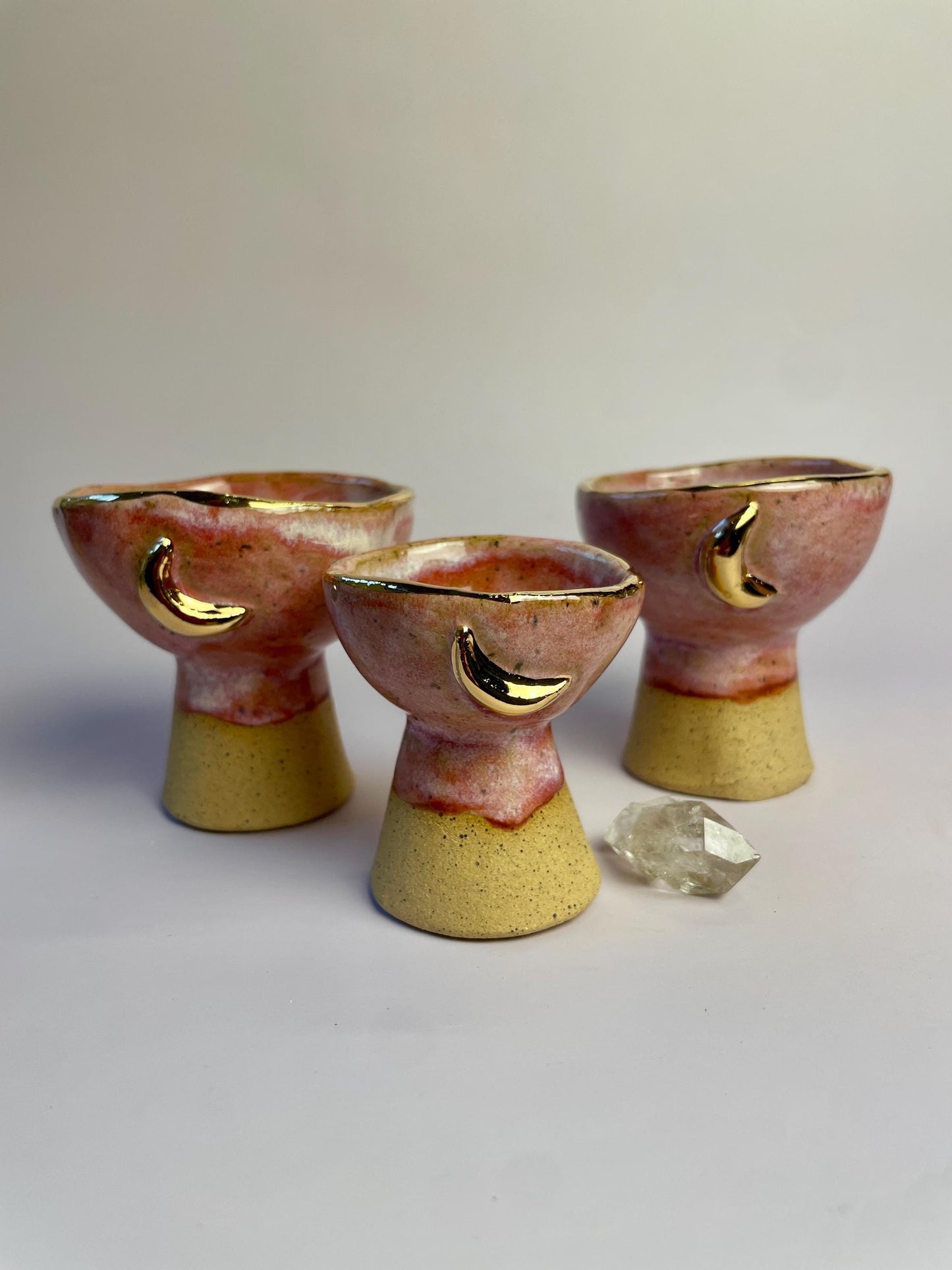 Small Pink Moon Altar Chalice – Hand-Built Honey Clay Ritual Vessel with Gold Crescent Moons