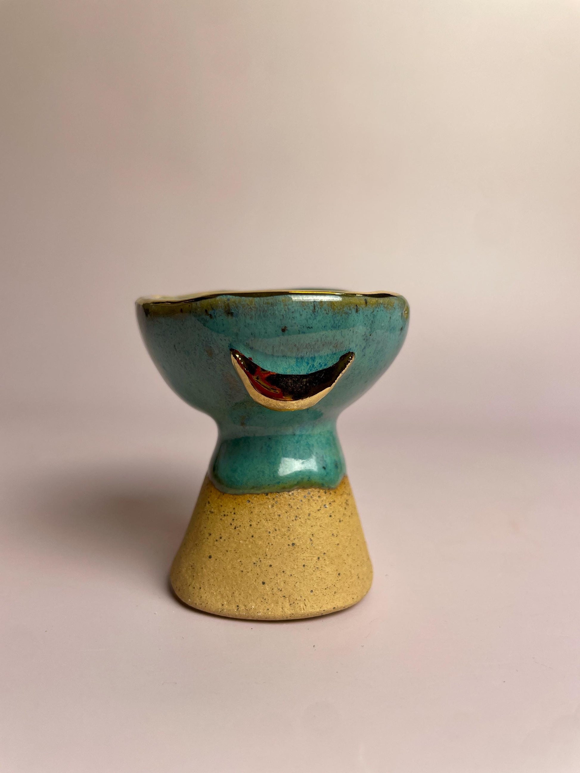 Small Turquoise Moon Altar Chalice – Hand-Built Honey Clay Ritual Vessel with Gold Crescent Moonsl