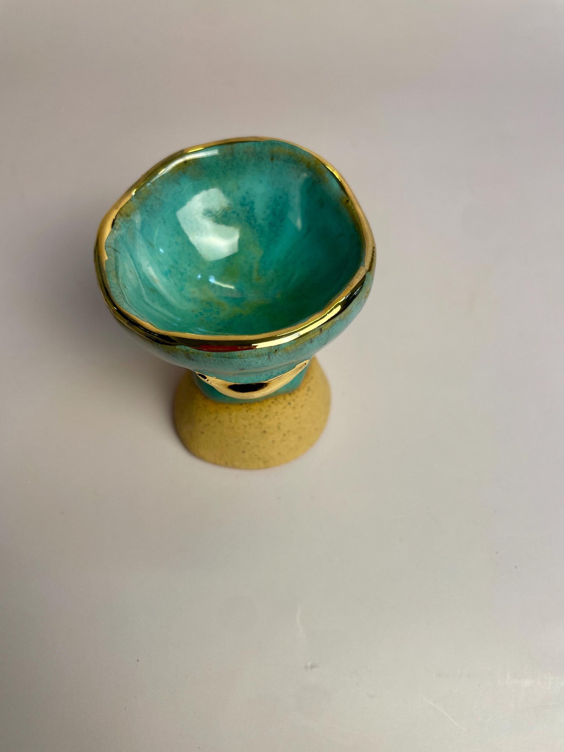Small Turquoise Moon Altar Chalice – Hand-Built Honey Clay Ritual Vessel with Gold Crescent Moonsl