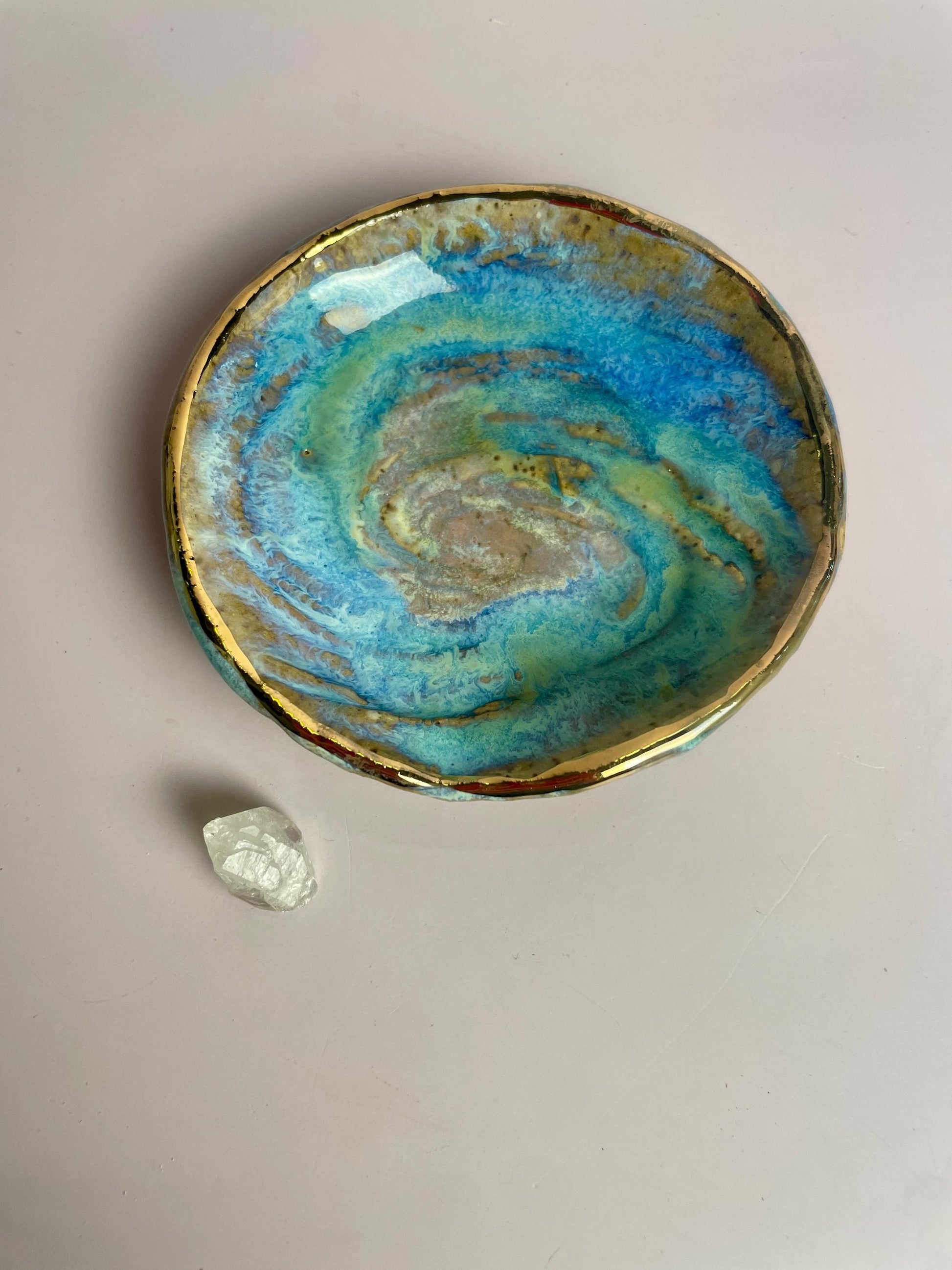Small Galaxy Swirl Trinket Dish — Crystal Charging and Altar Bowl in Icy Lavender Blue and Emerald Glaze