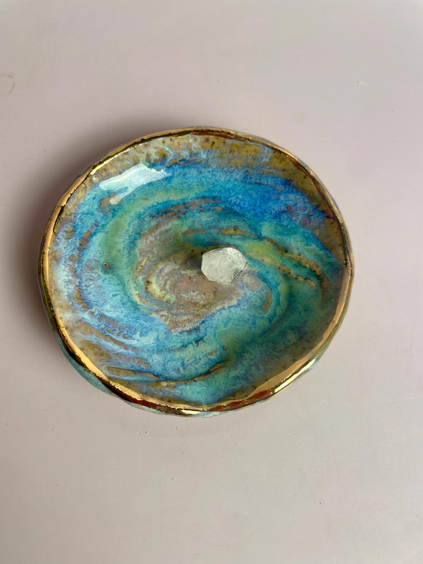 Small Galaxy Swirl Trinket Dish — Crystal Charging and Altar Bowl in Icy Lavender Blue and Emerald Glaze