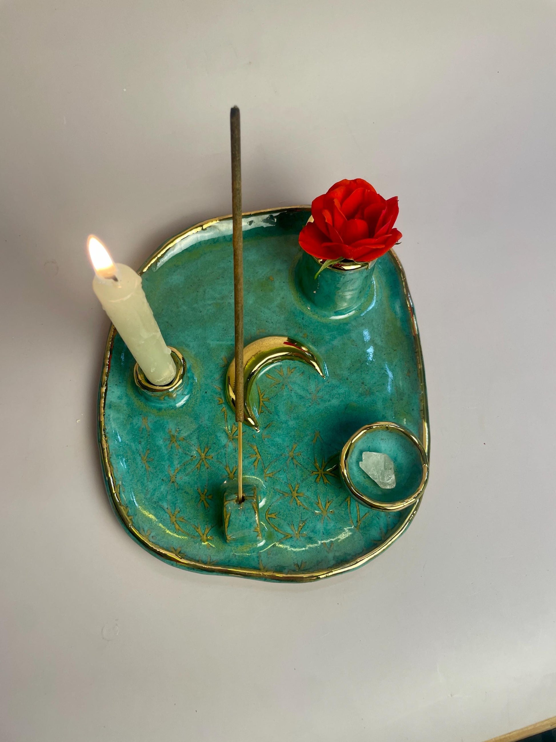 Four-Element Ritual Dish with Gold Moon — Flower of Life Design