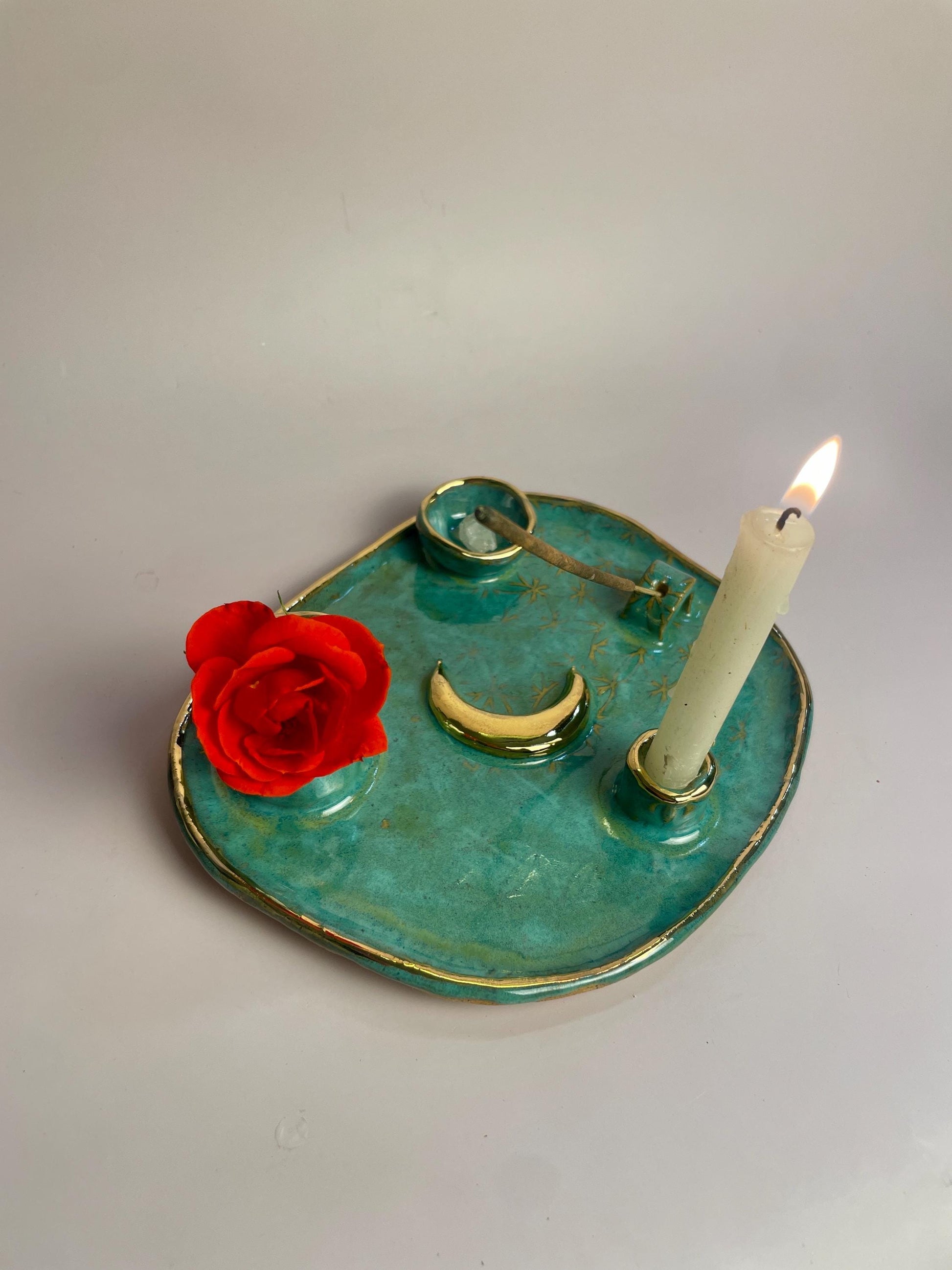 Four-Element Ritual Dish with Gold Moon — Flower of Life Design