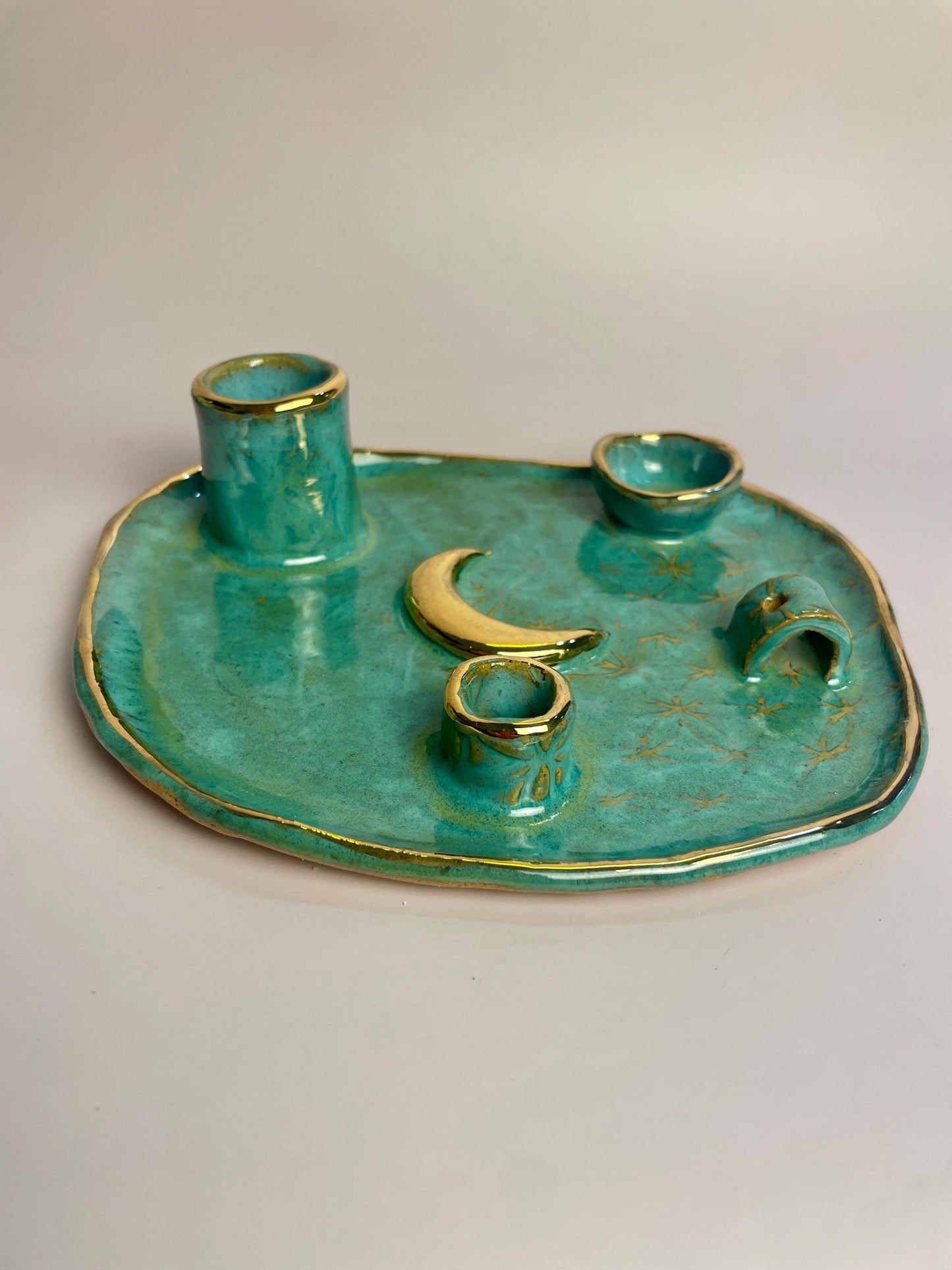 Four-Element Ritual Dish with Gold Moon — Flower of Life Design