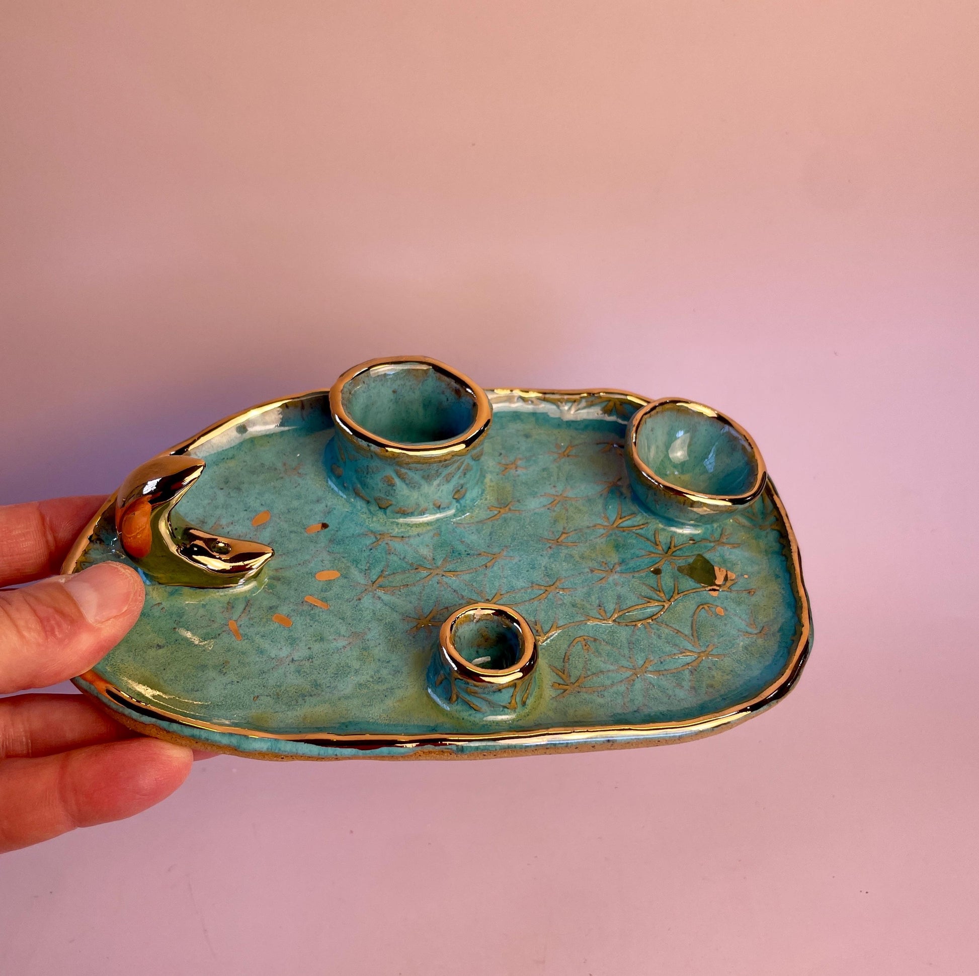 Turquoise Ritual Dish with Gold Moon – 4-Element Altar Tray for Candle, Incense, Palo Santo and Herbs