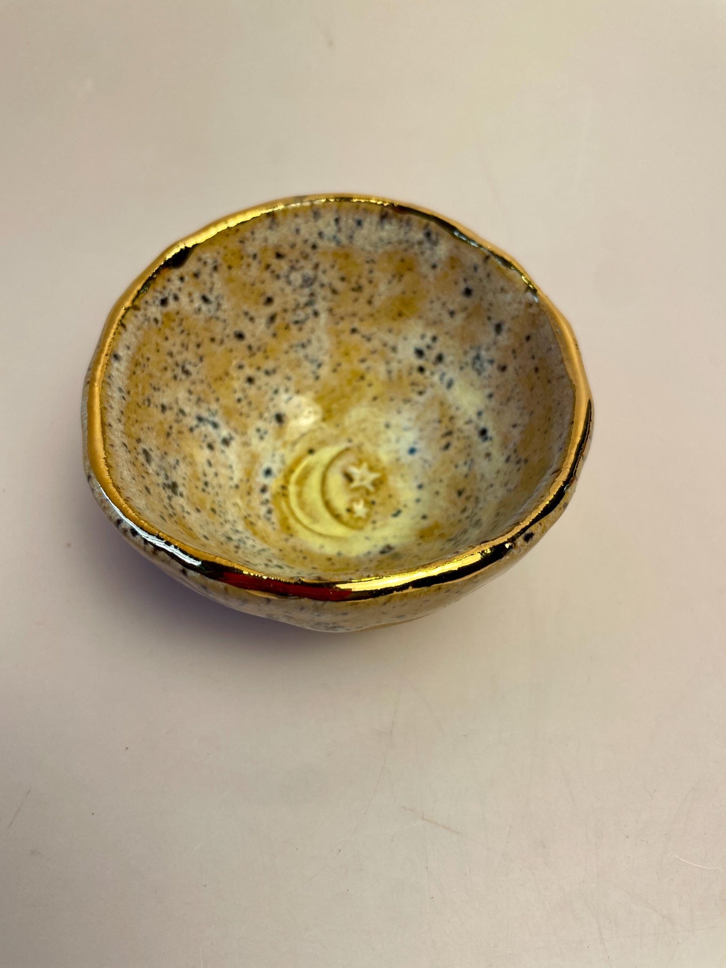 Handmade ceramic Moon and Stars Pinch Bowl with Gold Rim