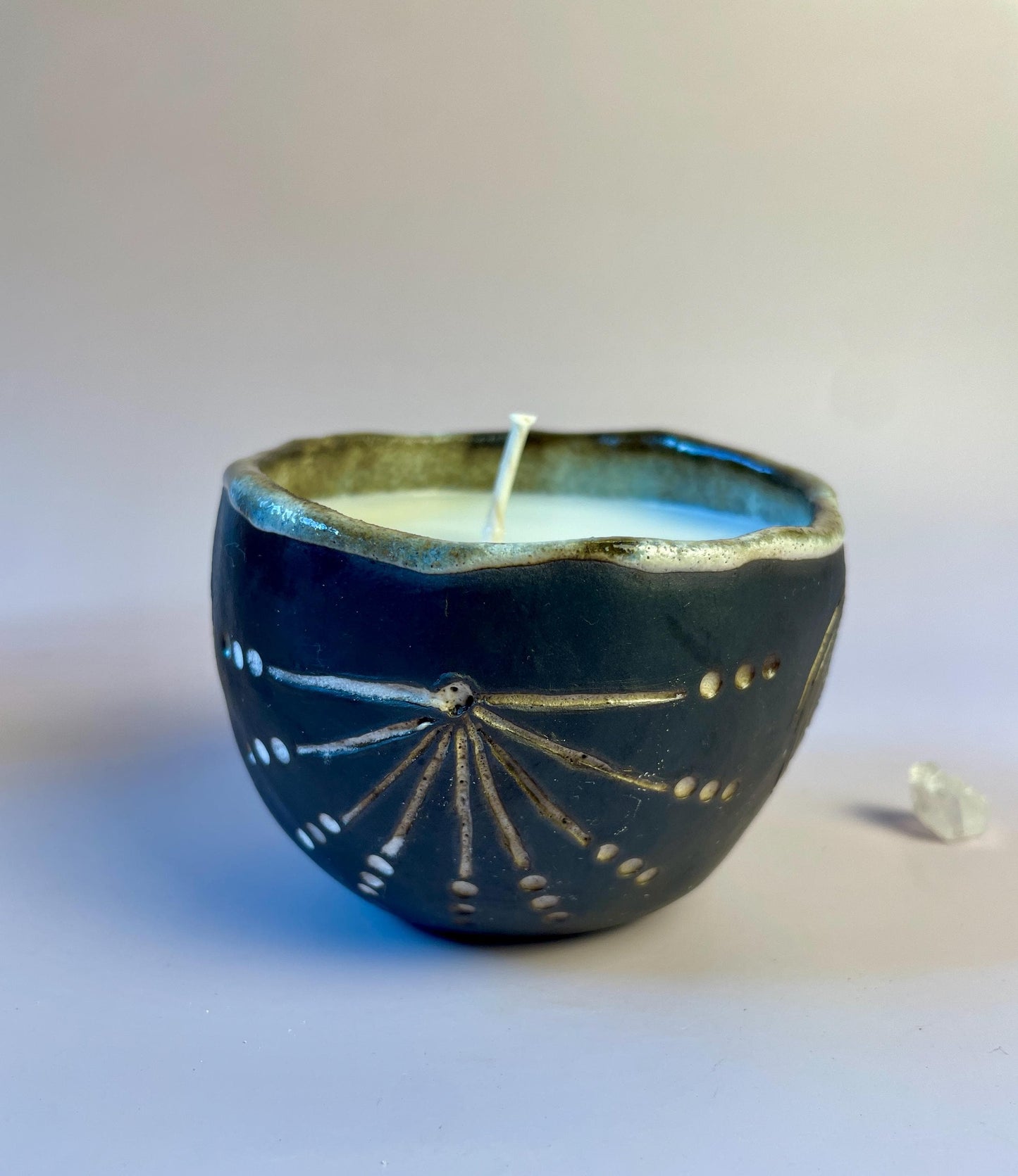 Winter Solstice Candle in Hand Carved Newgrange Vessel – Dark Clay Ritual Candle, Fragrance-Free, Non-Toxic Apricot Wax, Celtic Spiral