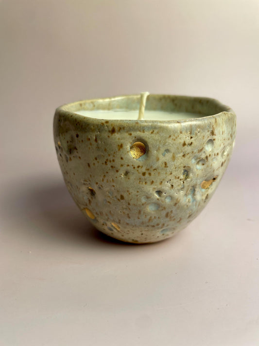 Moon-Inspired Ceramic Candle – Honey Clay Vessel with Gold Crater Details | Fragrance-Free Apricot Wax
