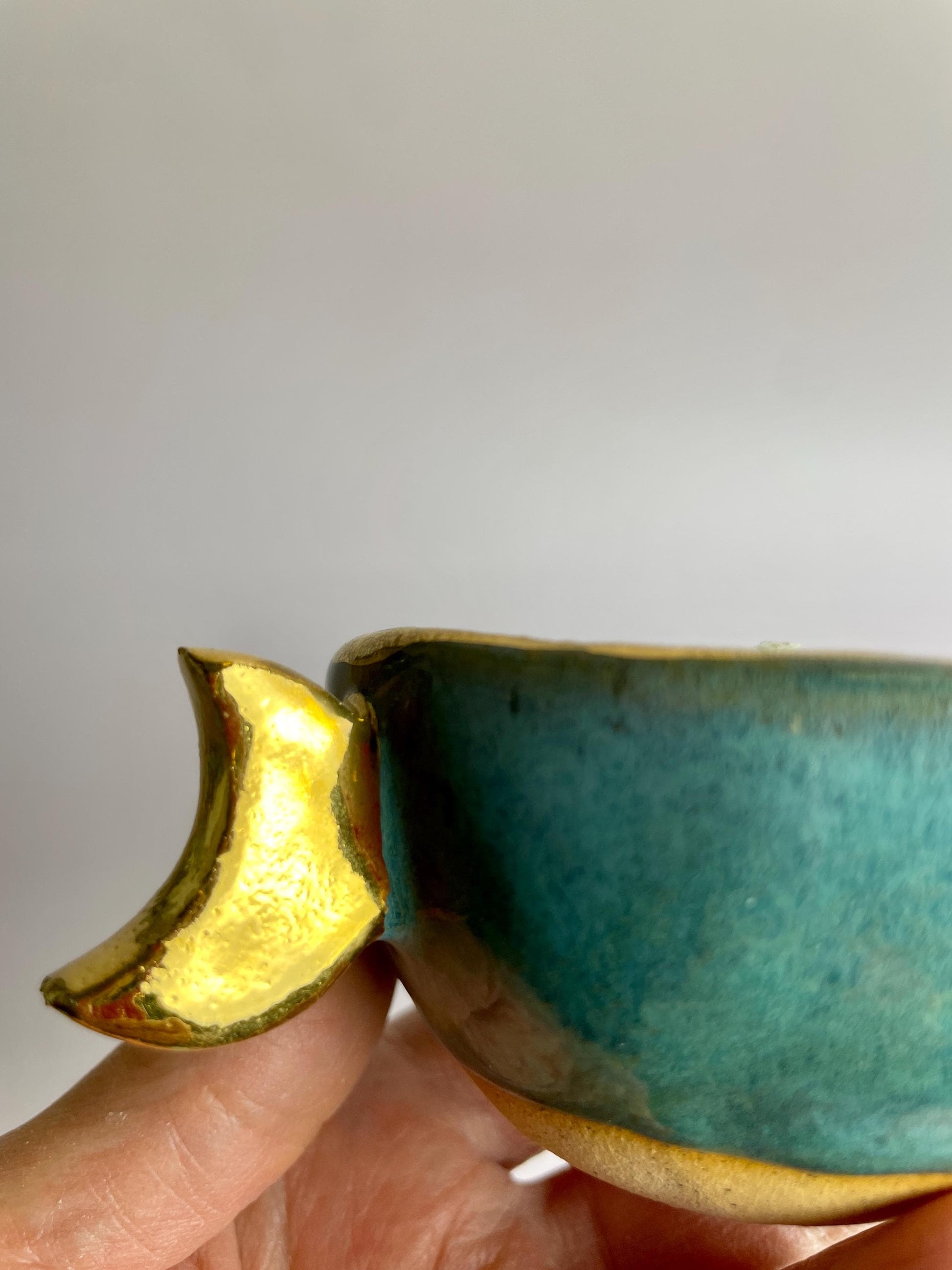 Turquoise Moon Vessel – Hand-Pinched Cup with Gold Luster Crescent Handle | Candle or Altar Cup