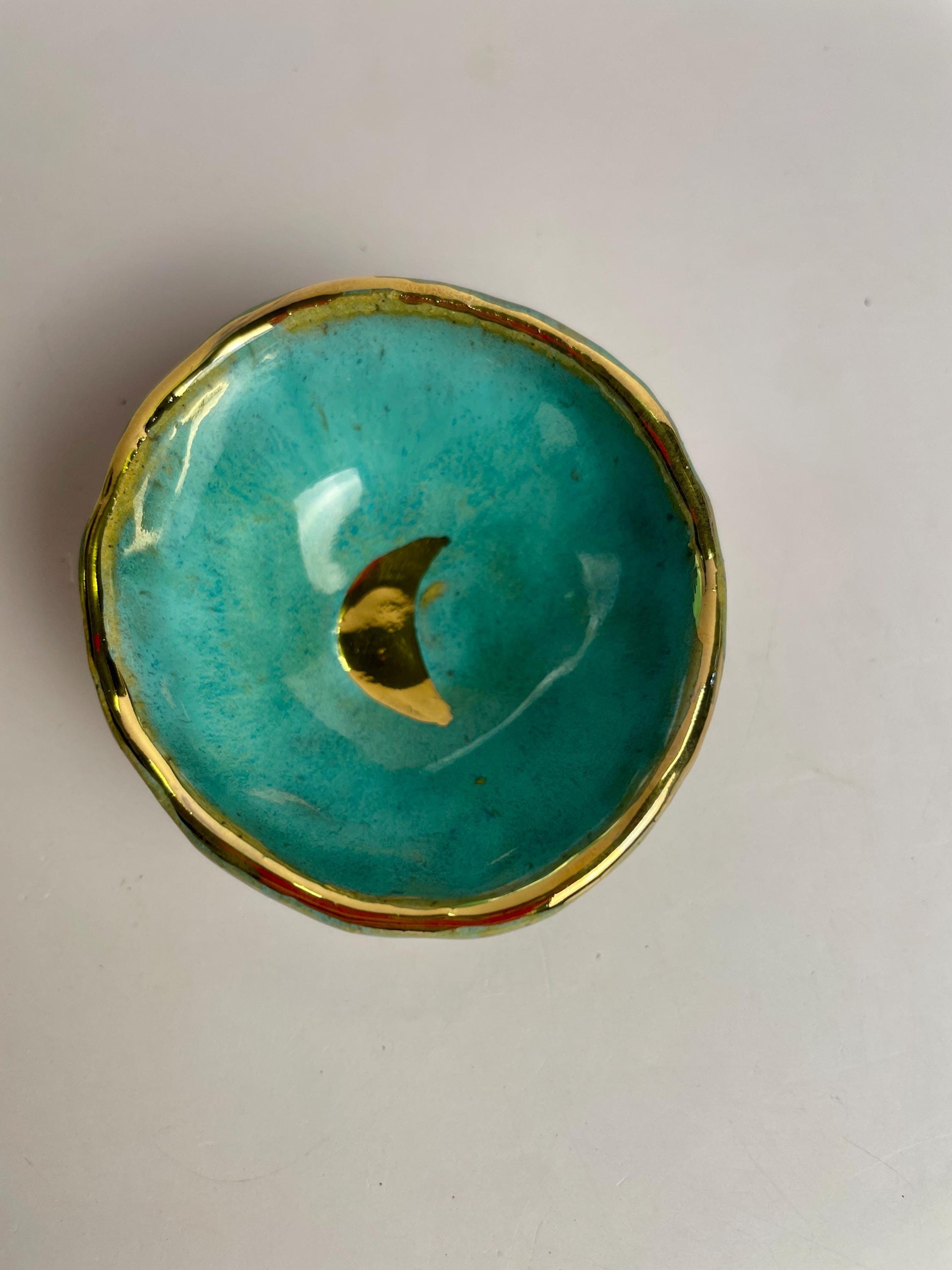 Turquoise Crescent Moon Bowl – Hand-Pinched Ceramic Dish with Gold Luster Rim | Mini Altar or Jewelry Dish | Celestial Pottery Gift