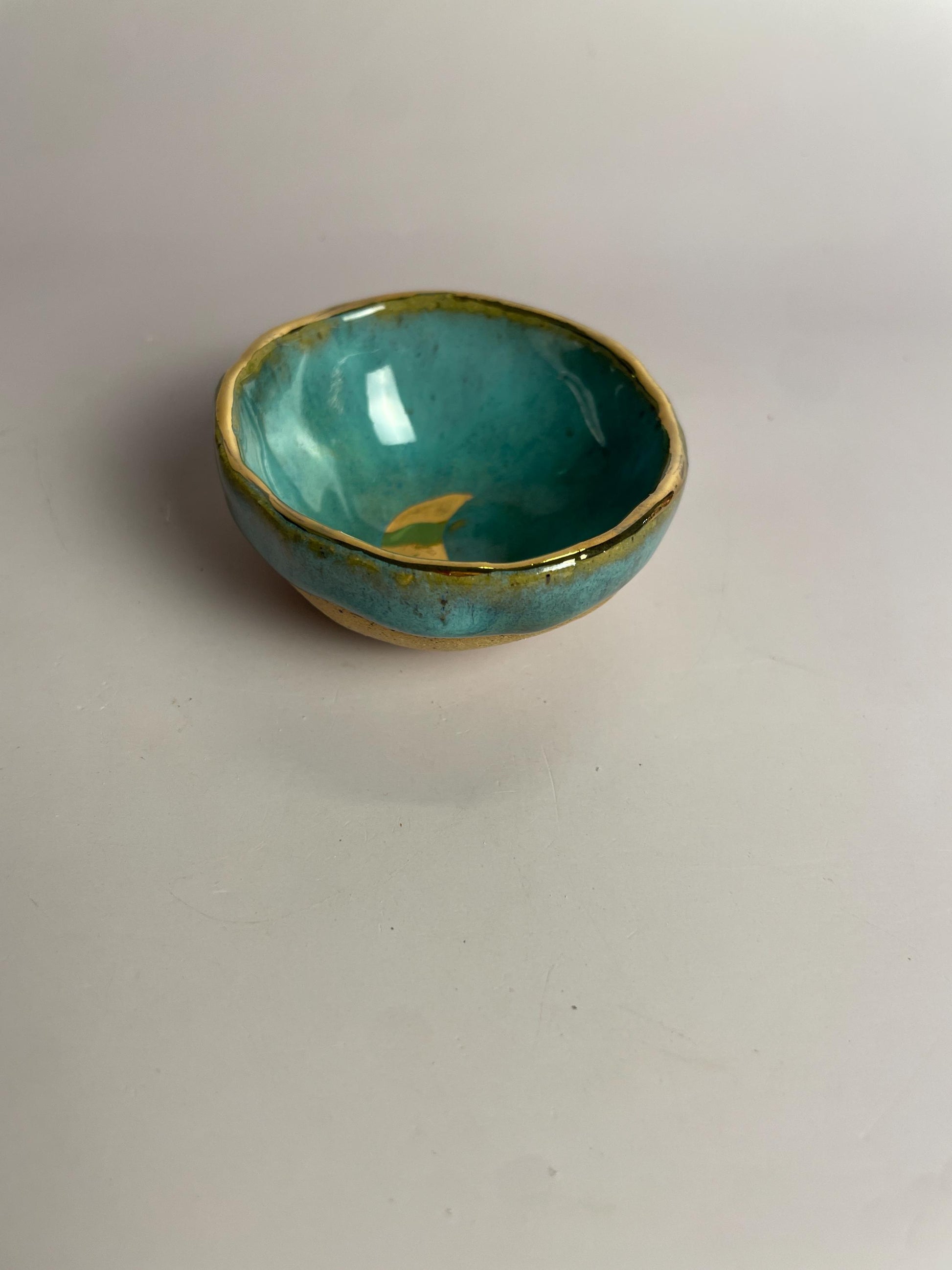 Turquoise Crescent Moon Bowl – Hand-Pinched Ceramic Dish with Gold Luster Rim | Mini Altar or Jewelry Dish | Celestial Pottery Gift