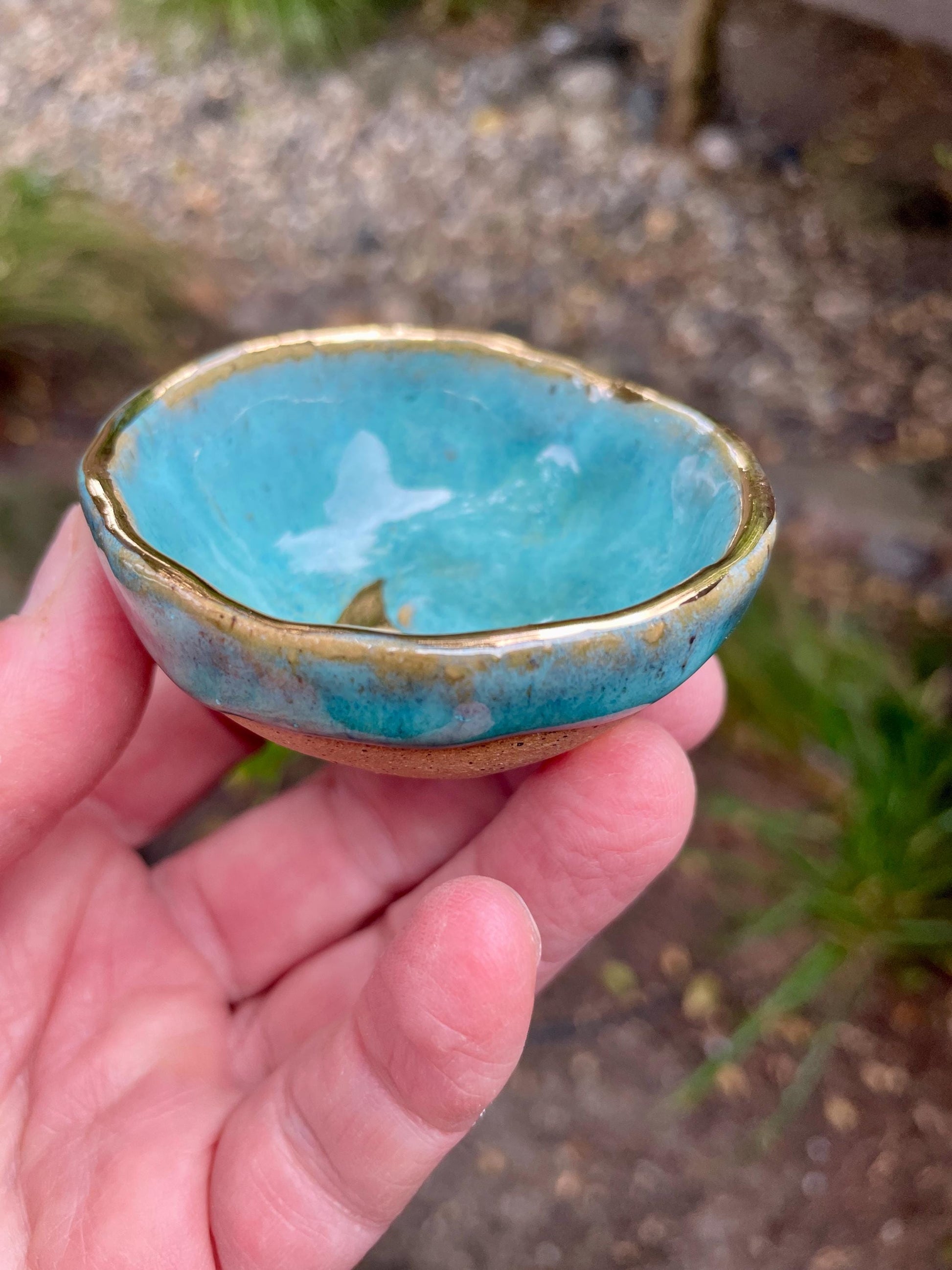 Turquoise Crescent Moon Bowl – Hand-Pinched Ceramic Dish with Gold Luster Rim | Mini Altar or Jewelry Dish | Celestial Pottery Gift