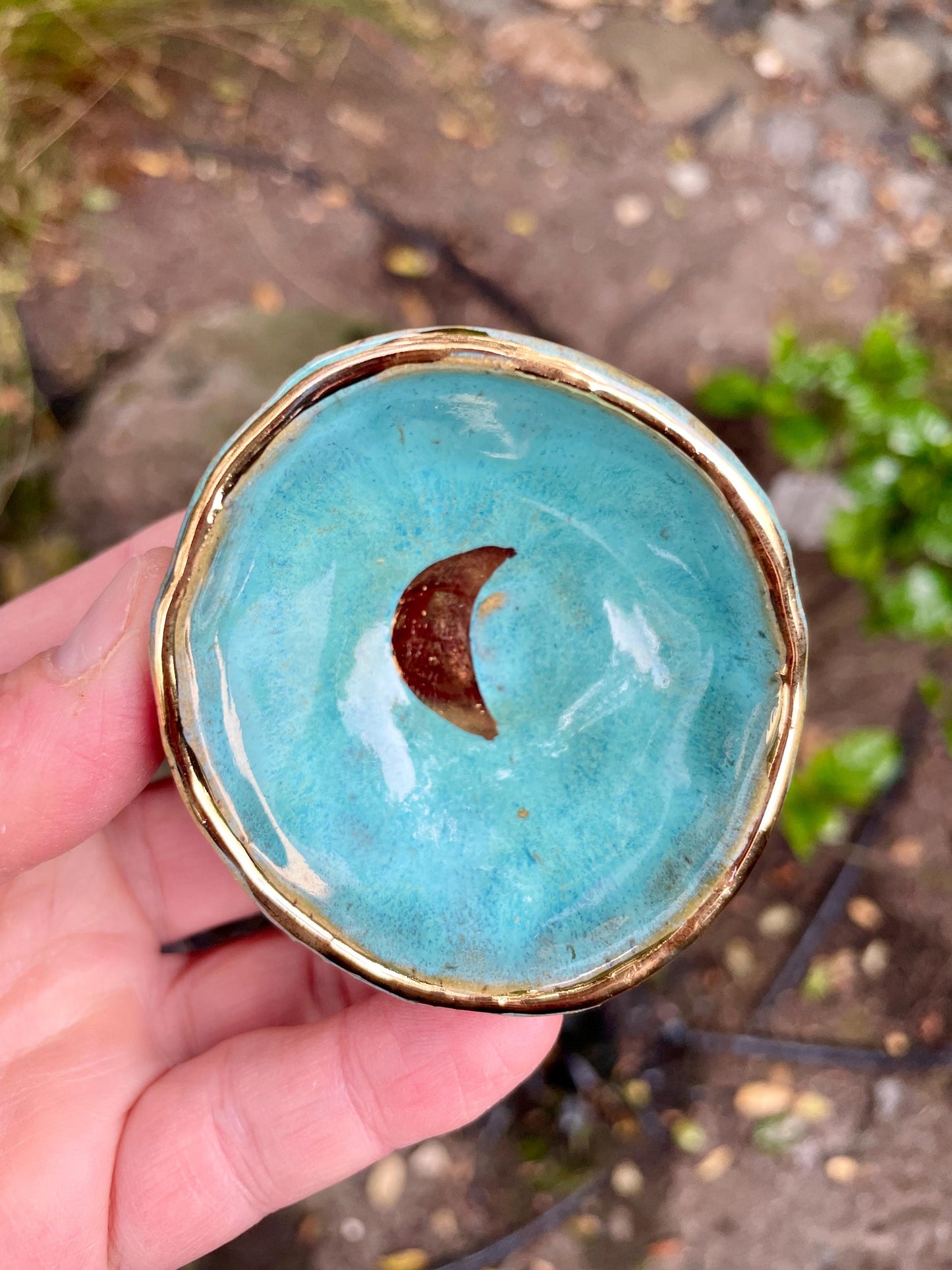 Turquoise Crescent Moon Bowl – Hand-Pinched Ceramic Dish with Gold Luster Rim | Mini Altar or Jewelry Dish | Celestial Pottery Gift