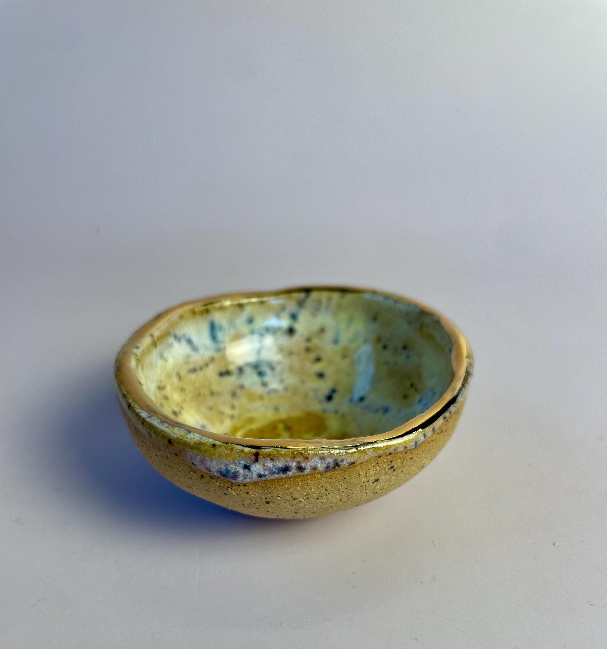 Mini Sun Bowl – Hand-Pinched Ceramic Dish with Gold Rim | Speckled Lavender & Lemon Glaze | Honey Clay Offering or Jewelry Bowl